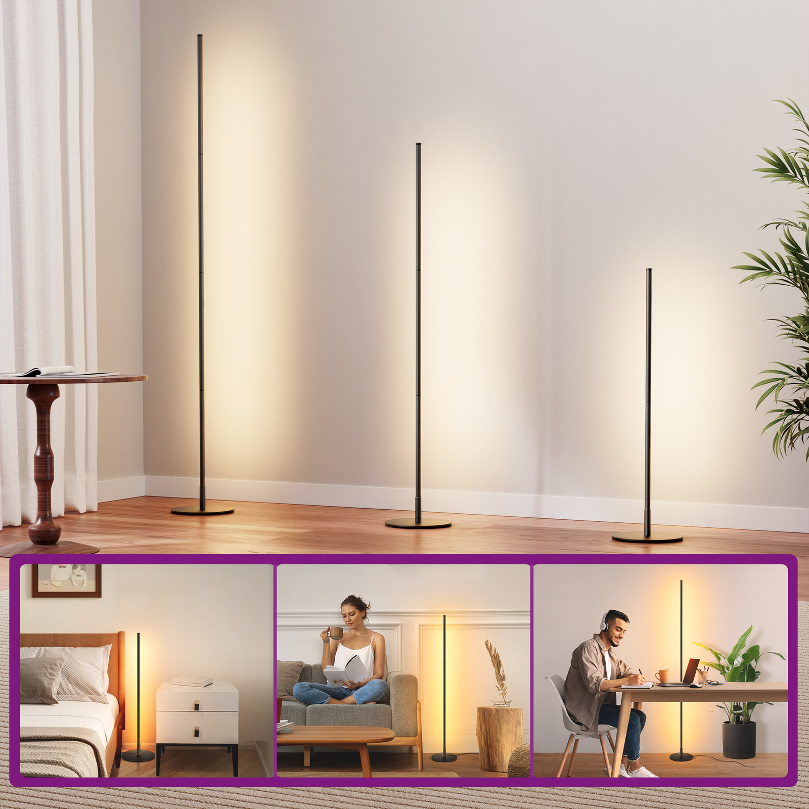 Modern Corner Floor Lamp Dimmable Adjustable Height Tall Standing Light Black