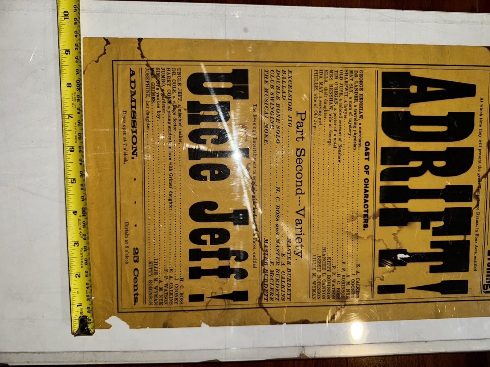 Antique 1880s Carlton’s Combination Adrift Uncle Jeff Theater Broadside Poster