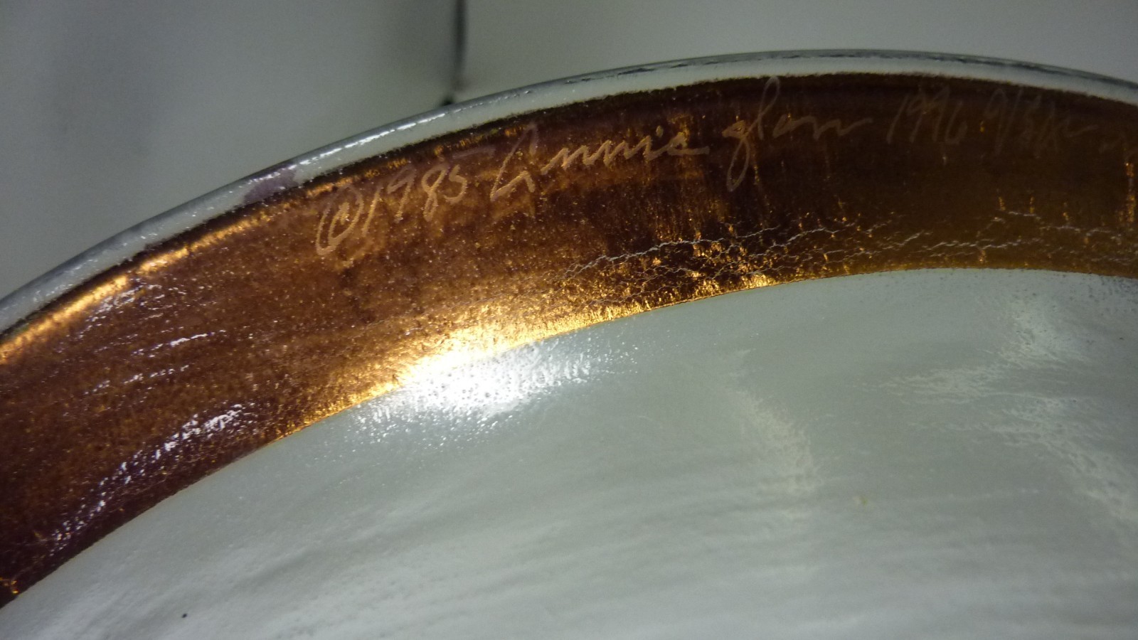 Large Annie Glass Round Serving Bowl Gold Rim 14” Signed 1996