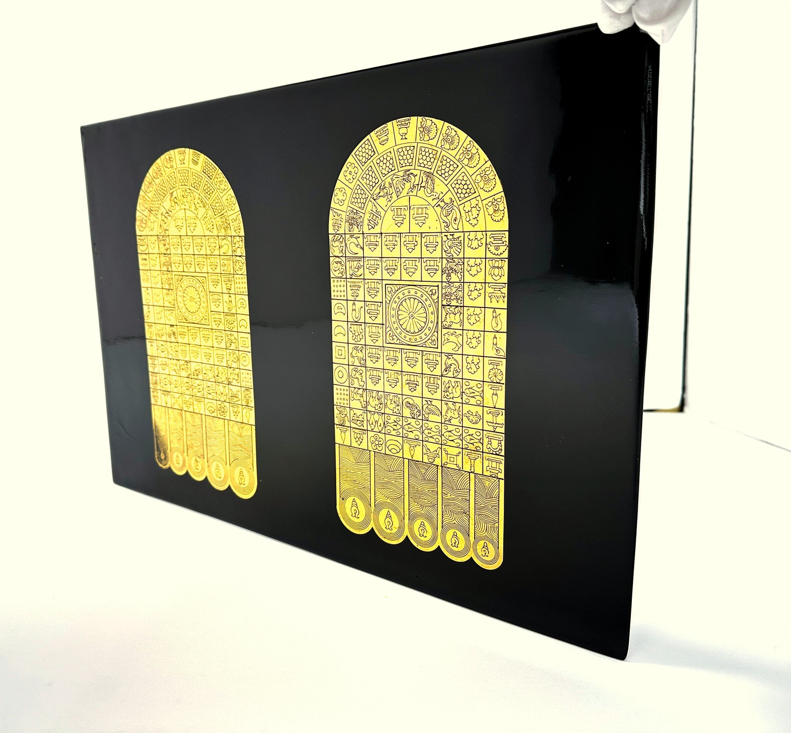 Large Burmese Gold Leaf Buddha Footprint Lacquer Panel Altar Art Zen Decor 18"