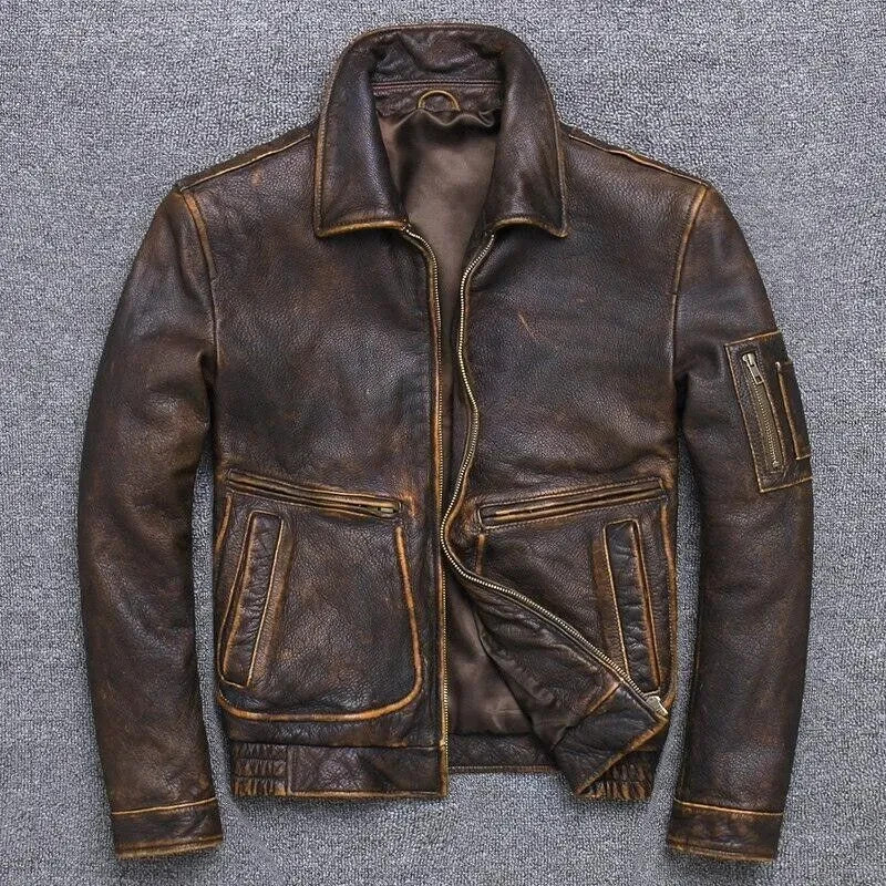Men's Vintage A2 Bomber AIR Force Style Waxed Tan Brown Real Leather Jacket