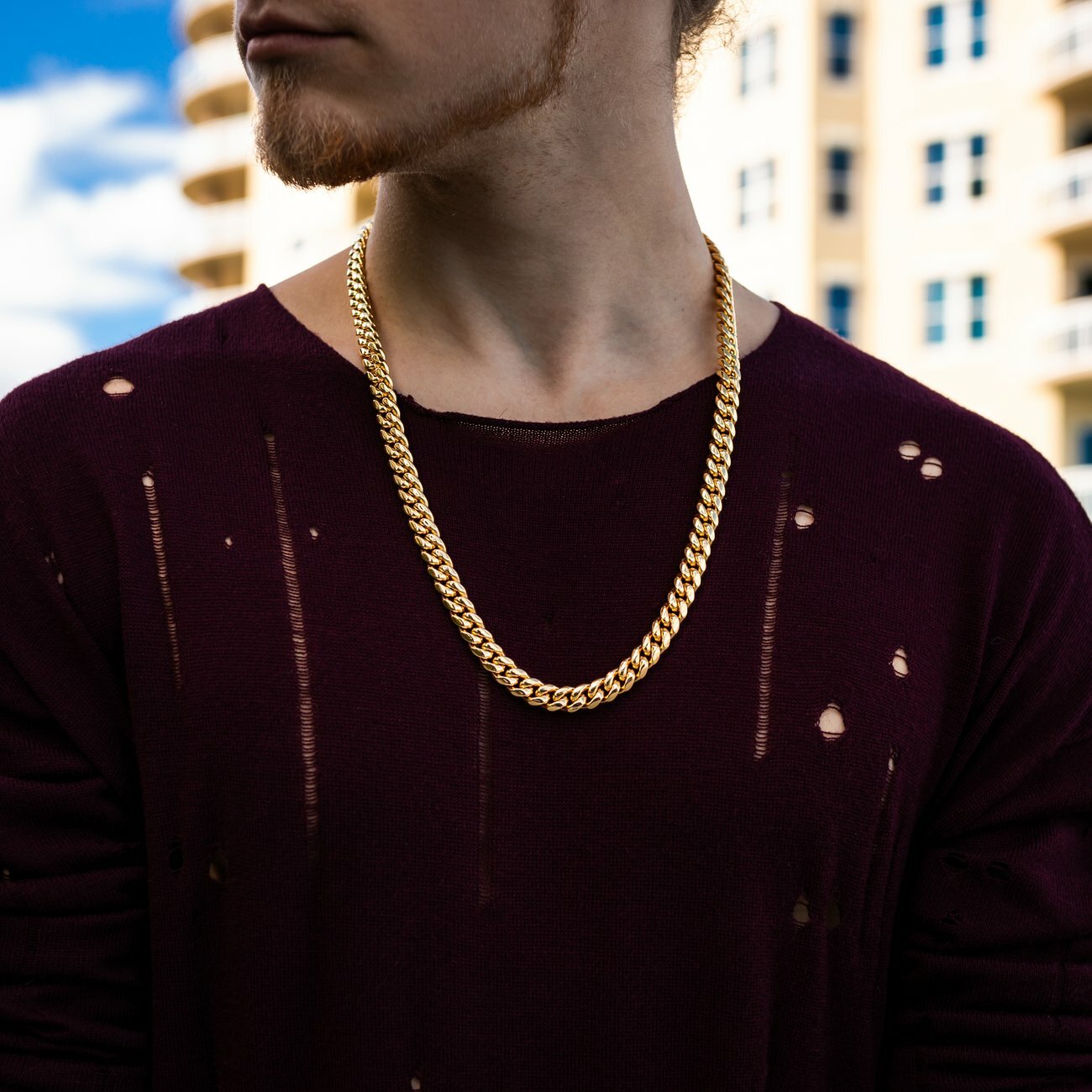 Men's Miami Cuban Link Bracelet&Chain Combo Set 14K Gold Plated Stainless Steel