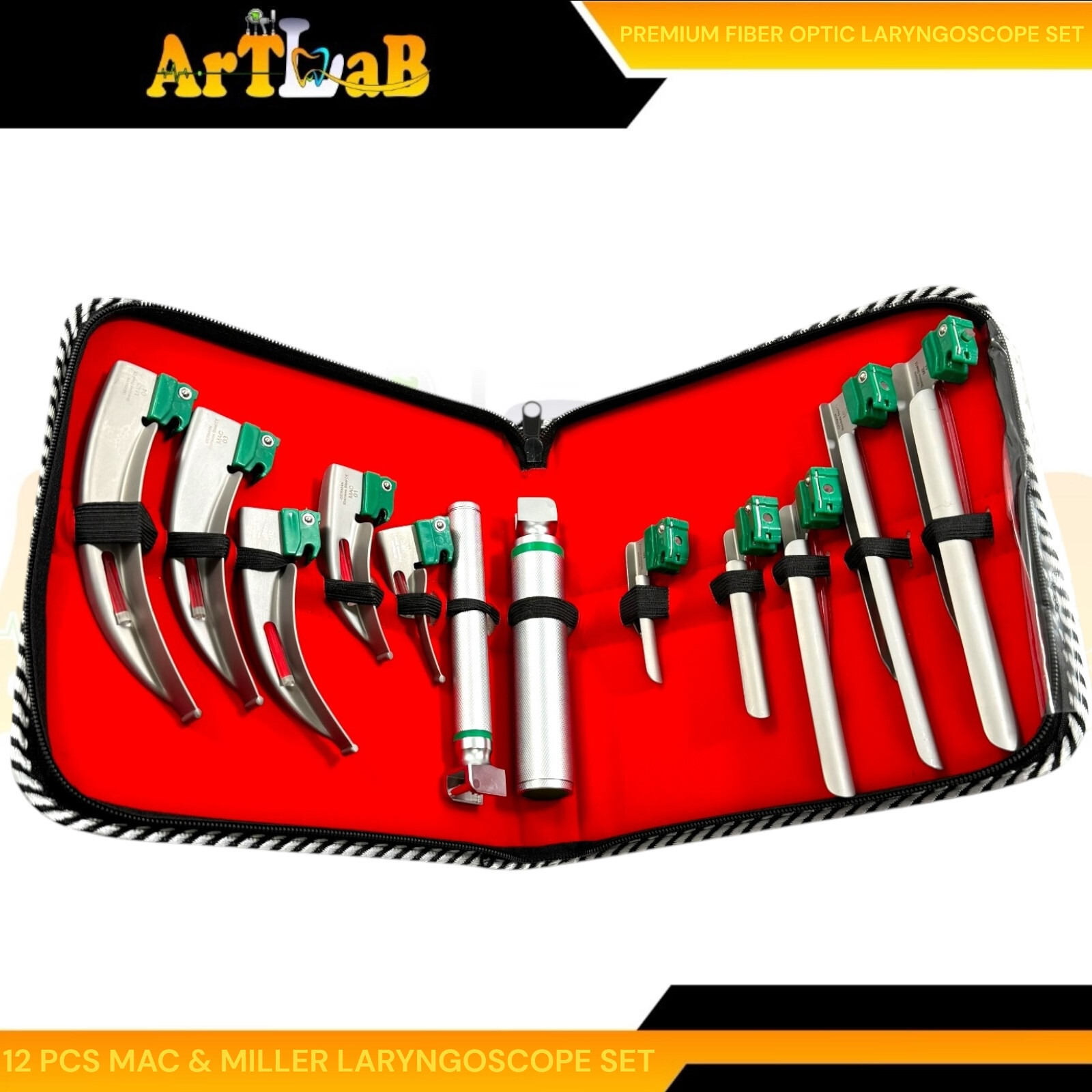 NEW! GERMAN FIBEROPTIC LARYNGOSCOPE SET MAC+MIL 12PCS INTUBATION BLADES + HANDLE