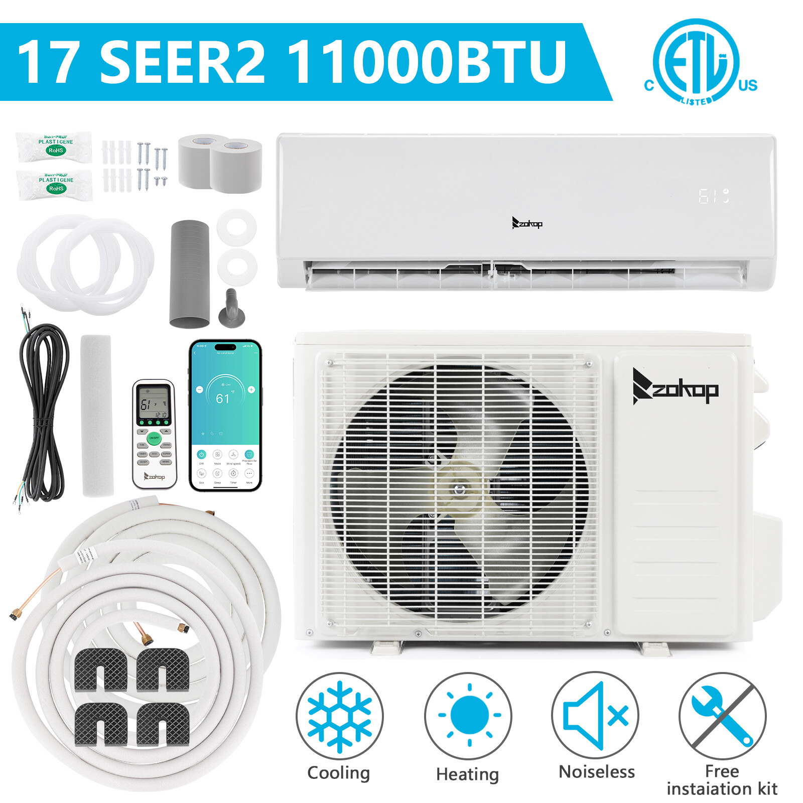 11,000 BTU Ductless Mini Split Air Conditioner, Heat Pump With/AC Unit KIT, Wifi