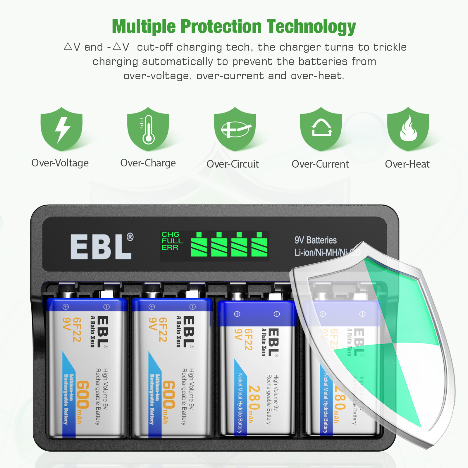 EBL 9 volt Lithium Li-Ion Rechargeable Battery / 9V Ni-MH battery / Charger Lot
