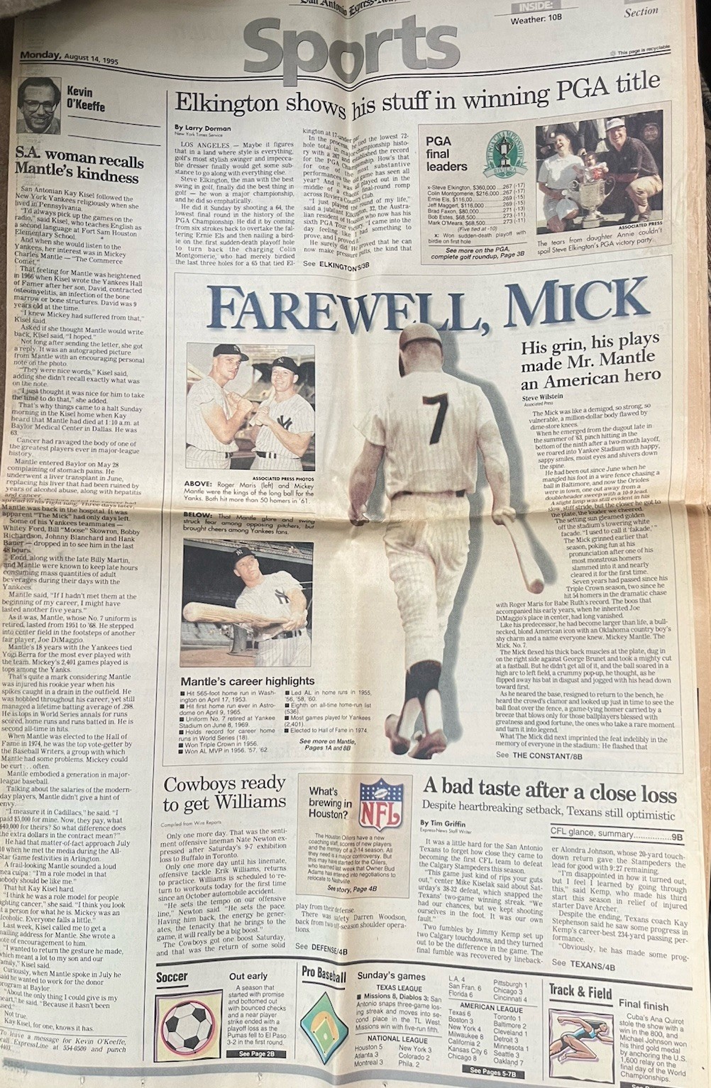 Vintage newspapers  Mickey Mantle’s Death San Antonio Express Aug 14 & 16, 1995
