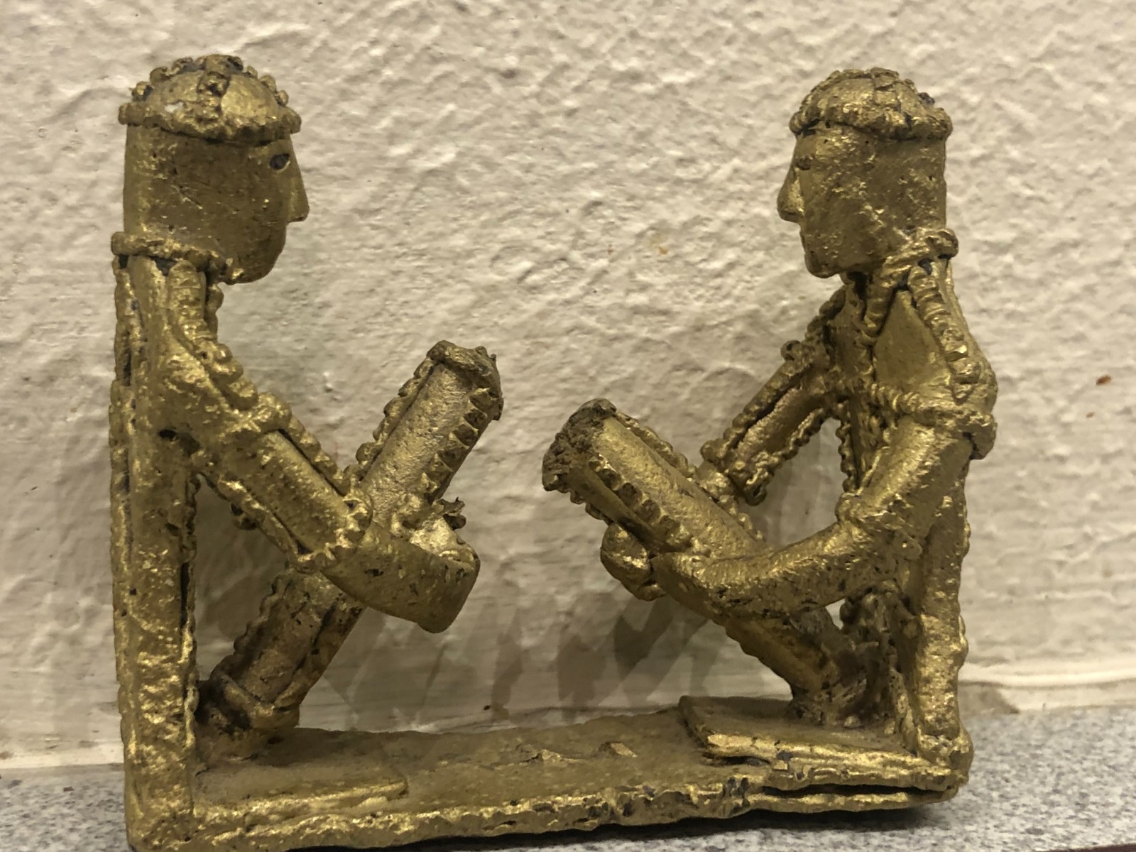 Vintage West African Tribal Folk Art Bronze Sculpture - Two Musicians Sitting