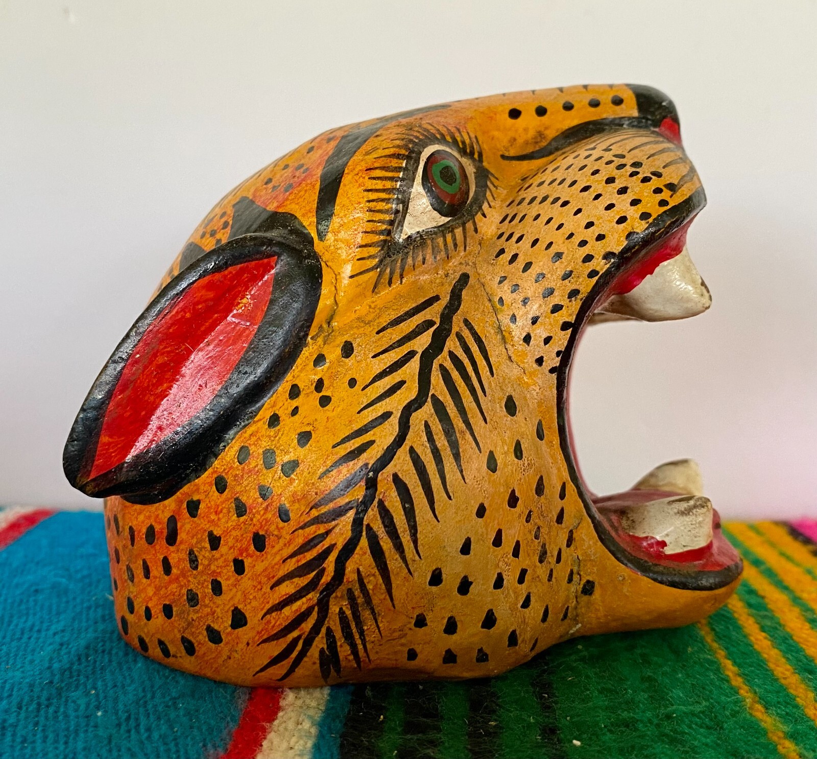 Mexican Folk Art Carved Wood Jaguar Leopard Cat Head Lion Face Mask Guerrero 5"