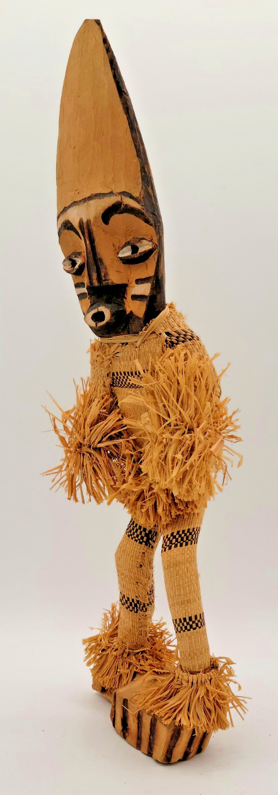 African Pende DRC Minganji Wood & Woven Masquerade 17" Statue Doll Figure VTG
