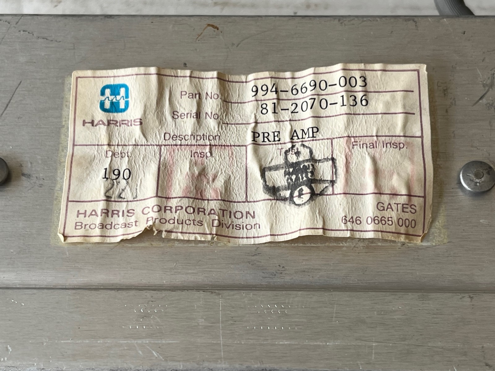Harris / Gates Pre Amp Vintage Equalized Preamplifier (Part #994-6690-003)