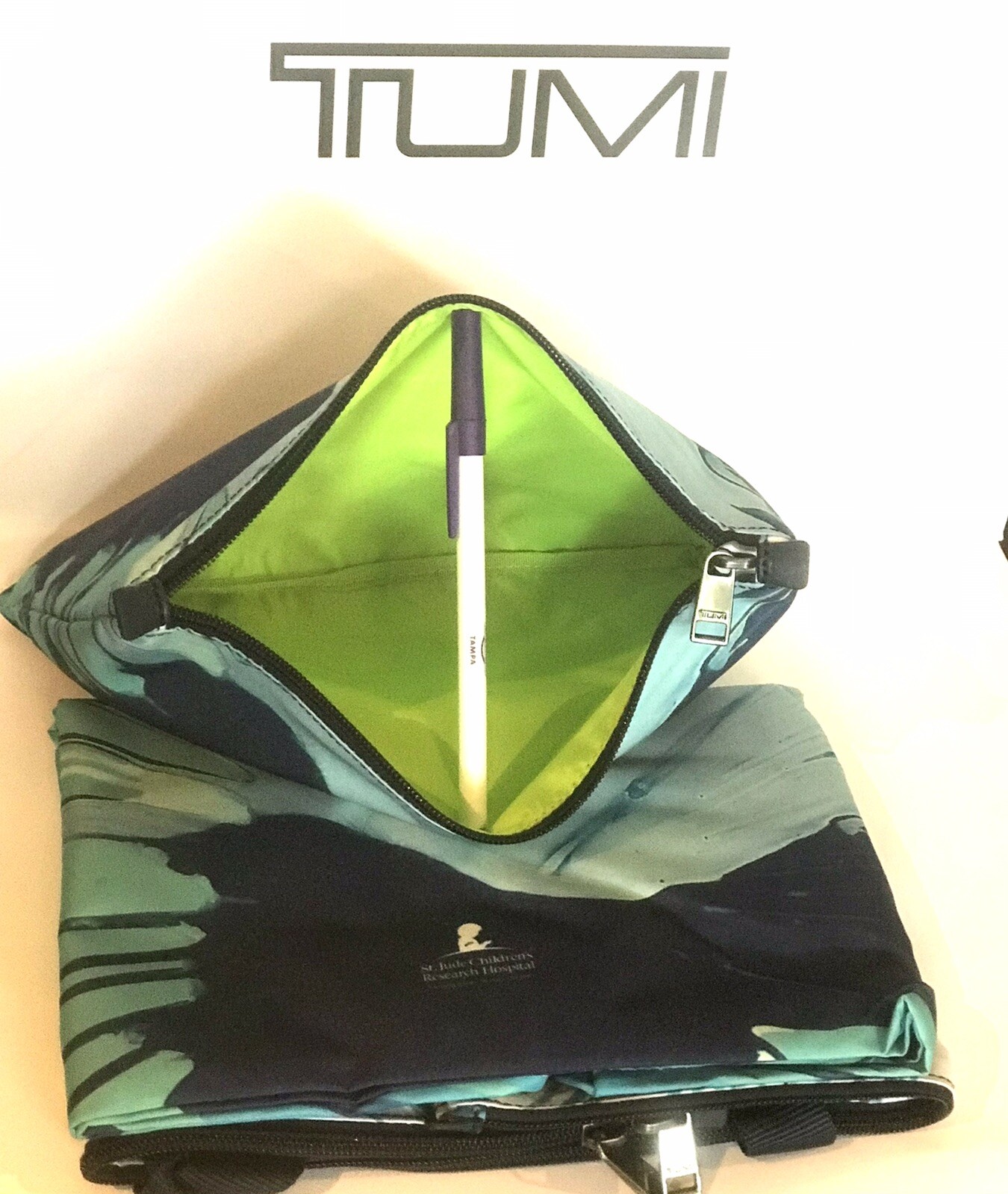 TUMI Just In Case Tote St Jude Hospital Paint Splatter Blue Lime Pouch NWOT