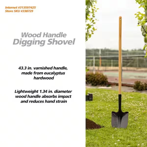 43.3 in L Wood Handle Digging Carbon Steel Shovel for Gardening Projects