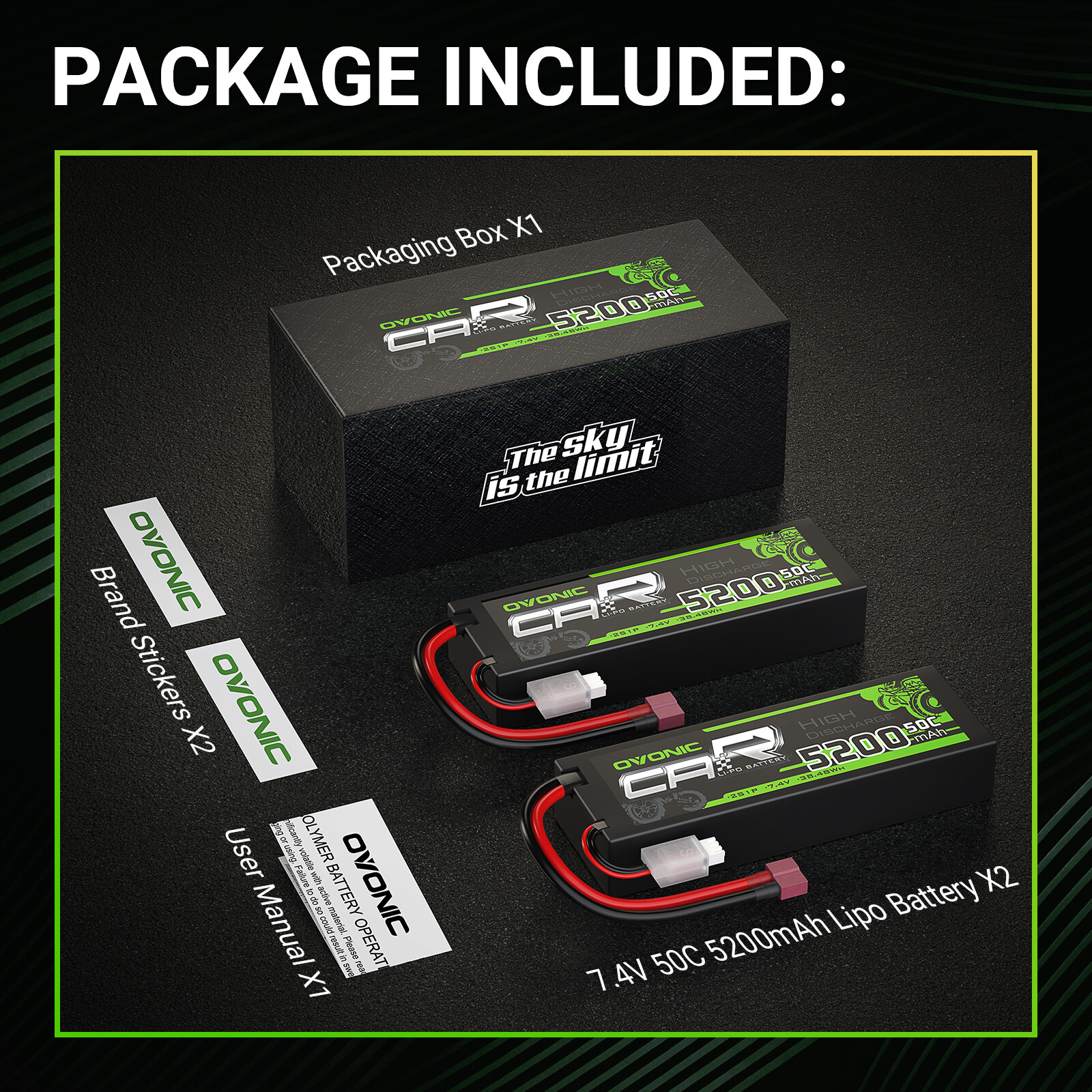 2X Ovonic 7.4V 50C 5200mAh 2S LiPo Battery Deans Hardcase for RC Car Truck Boat