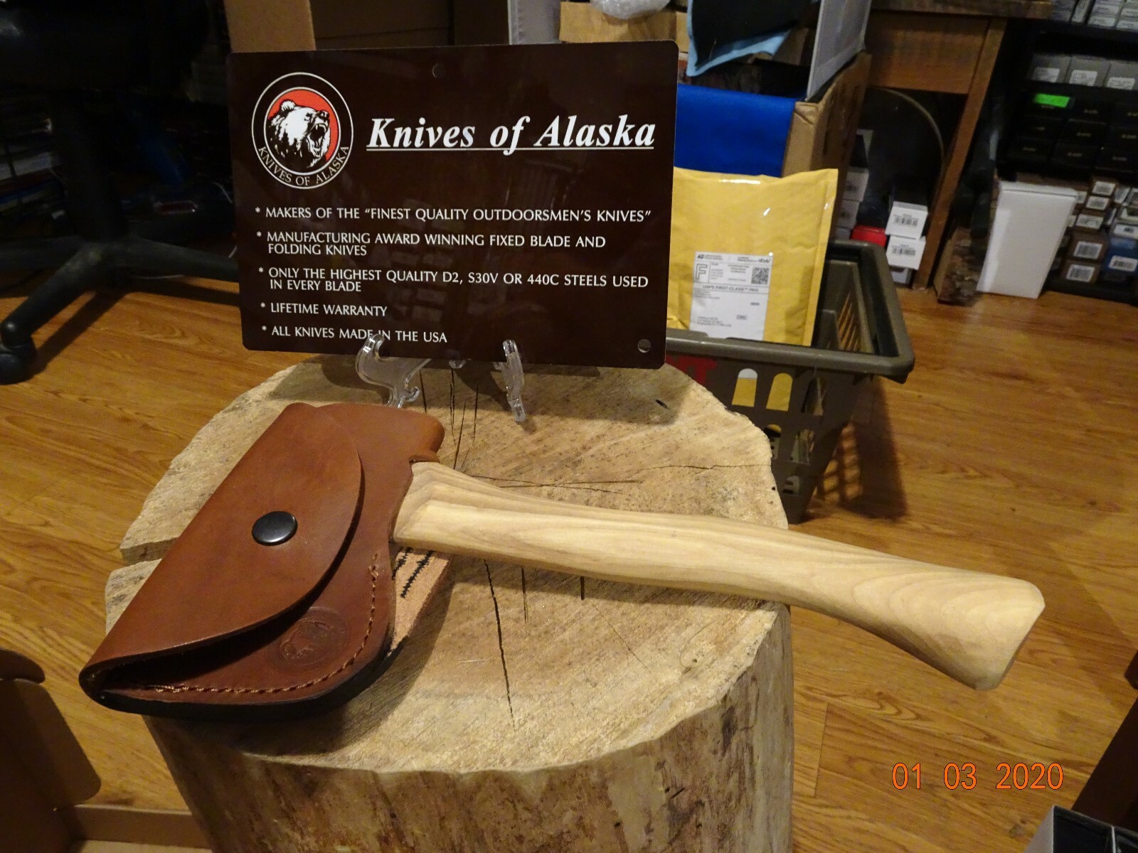 KNIVES OF ALASKA HUNTERS HATCHET WITH LEATHER BELT SHEATH MODEL 070FG A GREAT 1