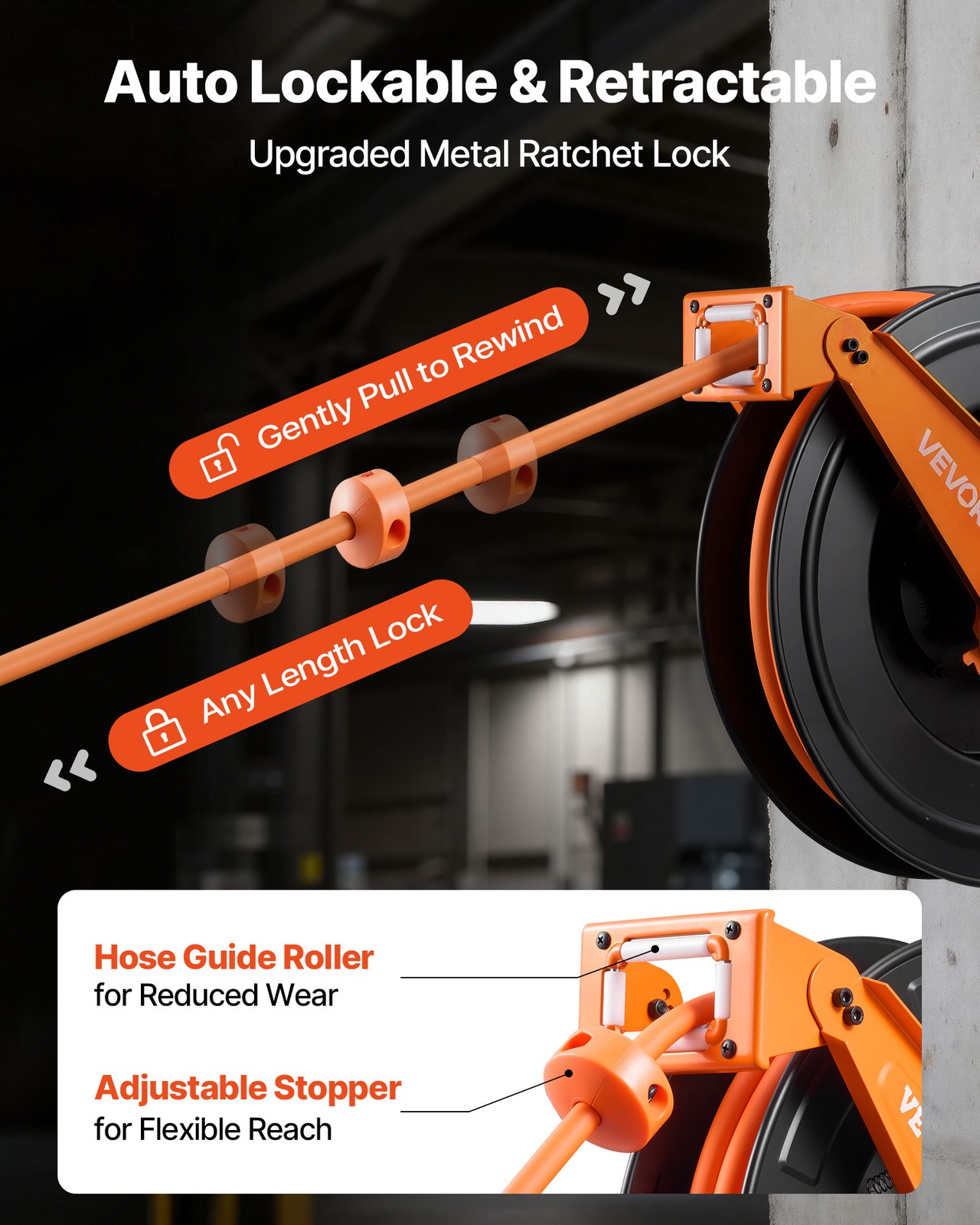 VEVOR Retractable Air Hose Reel 50 FT x 1/2 Inch Air Hose Reel with Double Arm