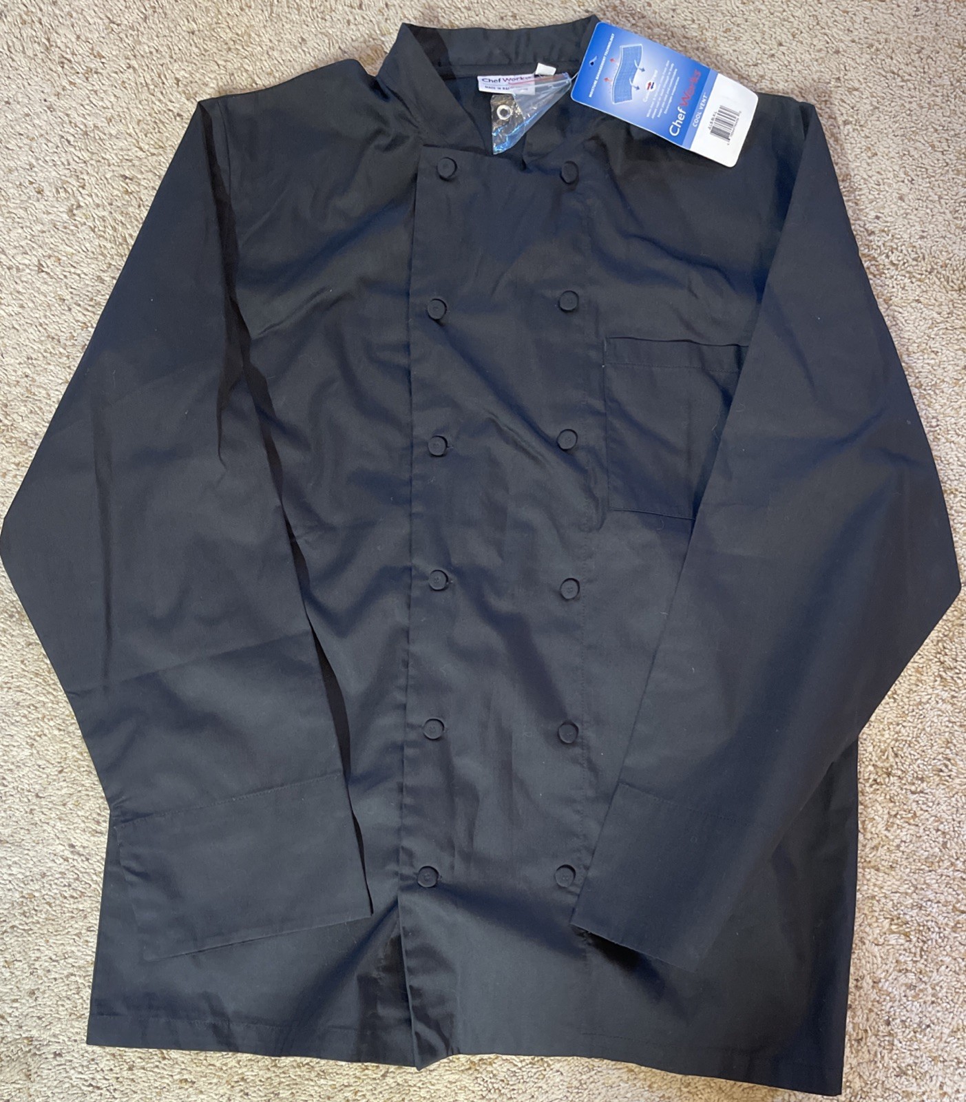 Unused L Chef Works Cool Vent Long Sleeve Black Chef Coat Shirt Double Breasted