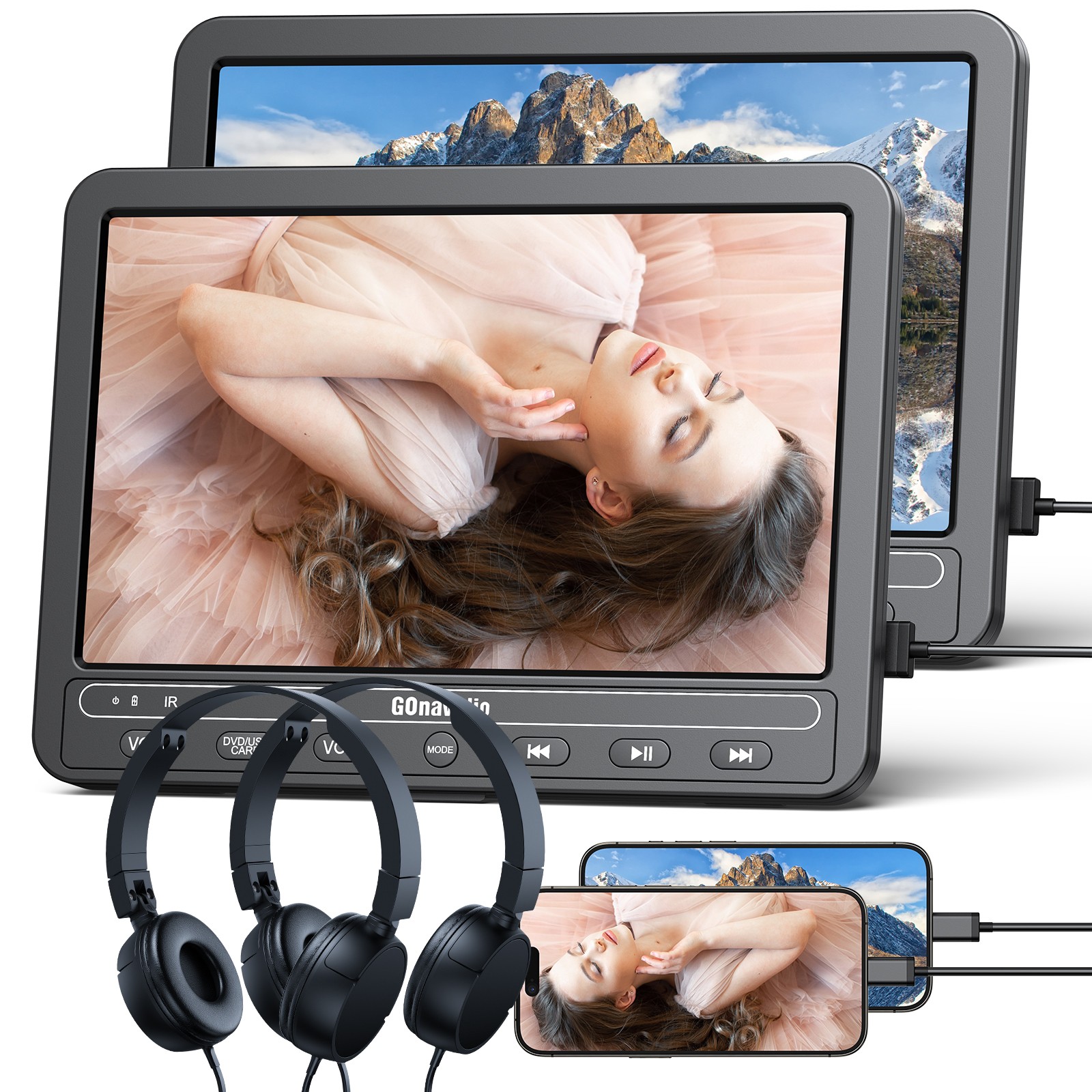 2X10.5" Car Headrest DVD Player TV for Kids Sync Screen HDMI SD USB +Headphones