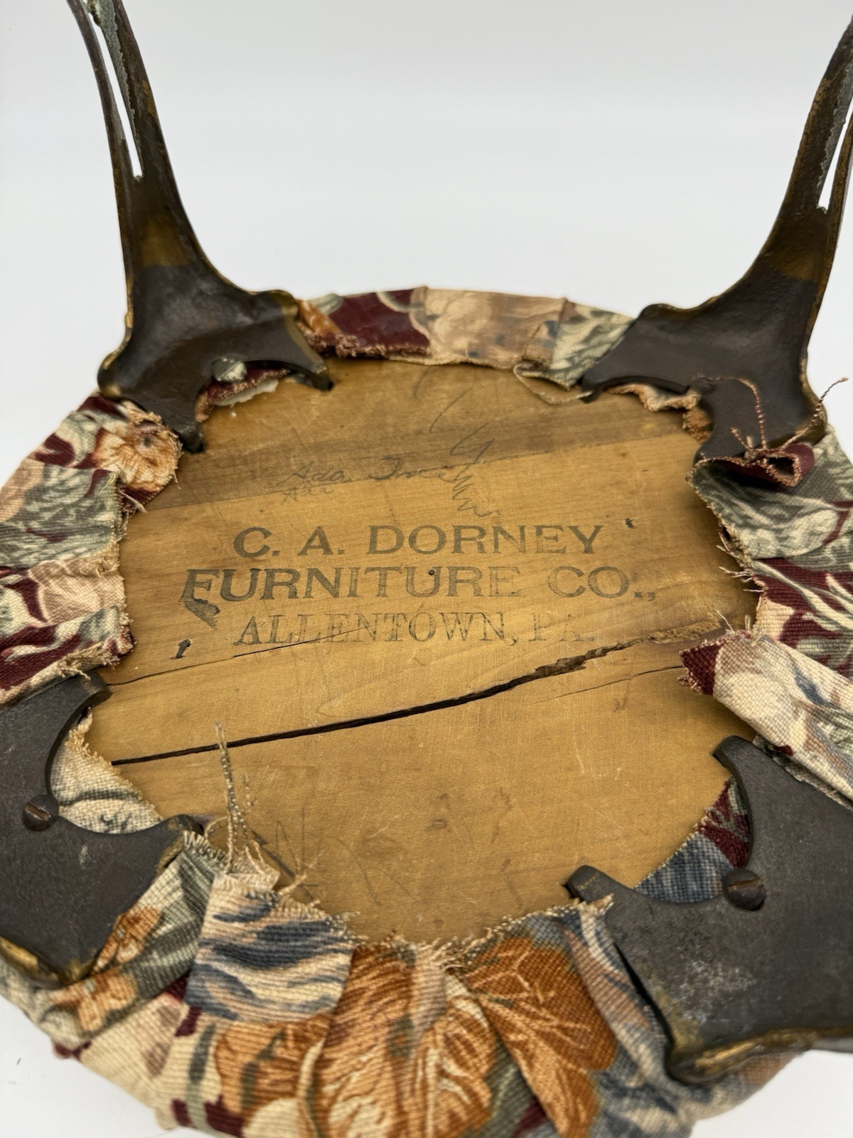 Victorian Cast Iron Wood Foot Stool w Original Upholstery C. A. Dorney Furniture