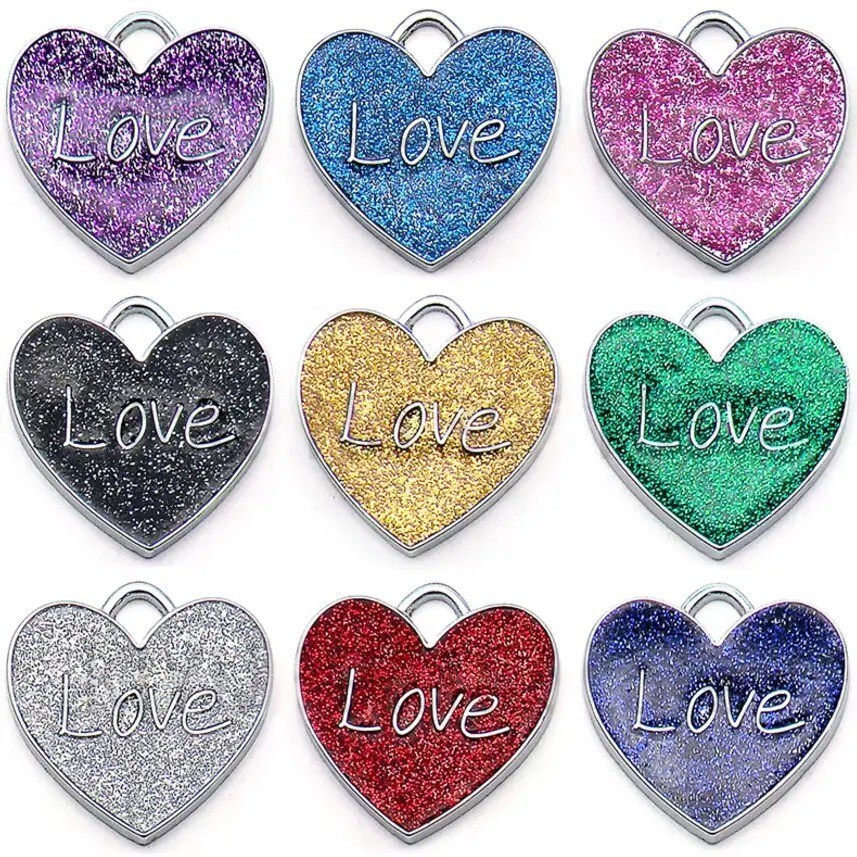 LOVE Glitter Heart PET ID Tag Engraved Custom CAT DOG Name Tag | Ring Include
