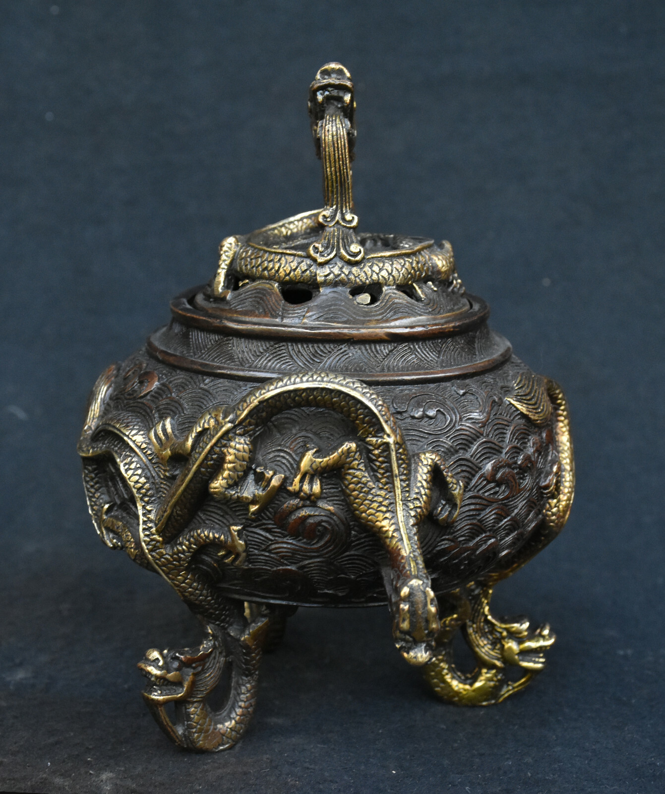 Old Chinese Dynasty Bronze Gilt Animal Dragon Loong Beast Incense Burner Censer