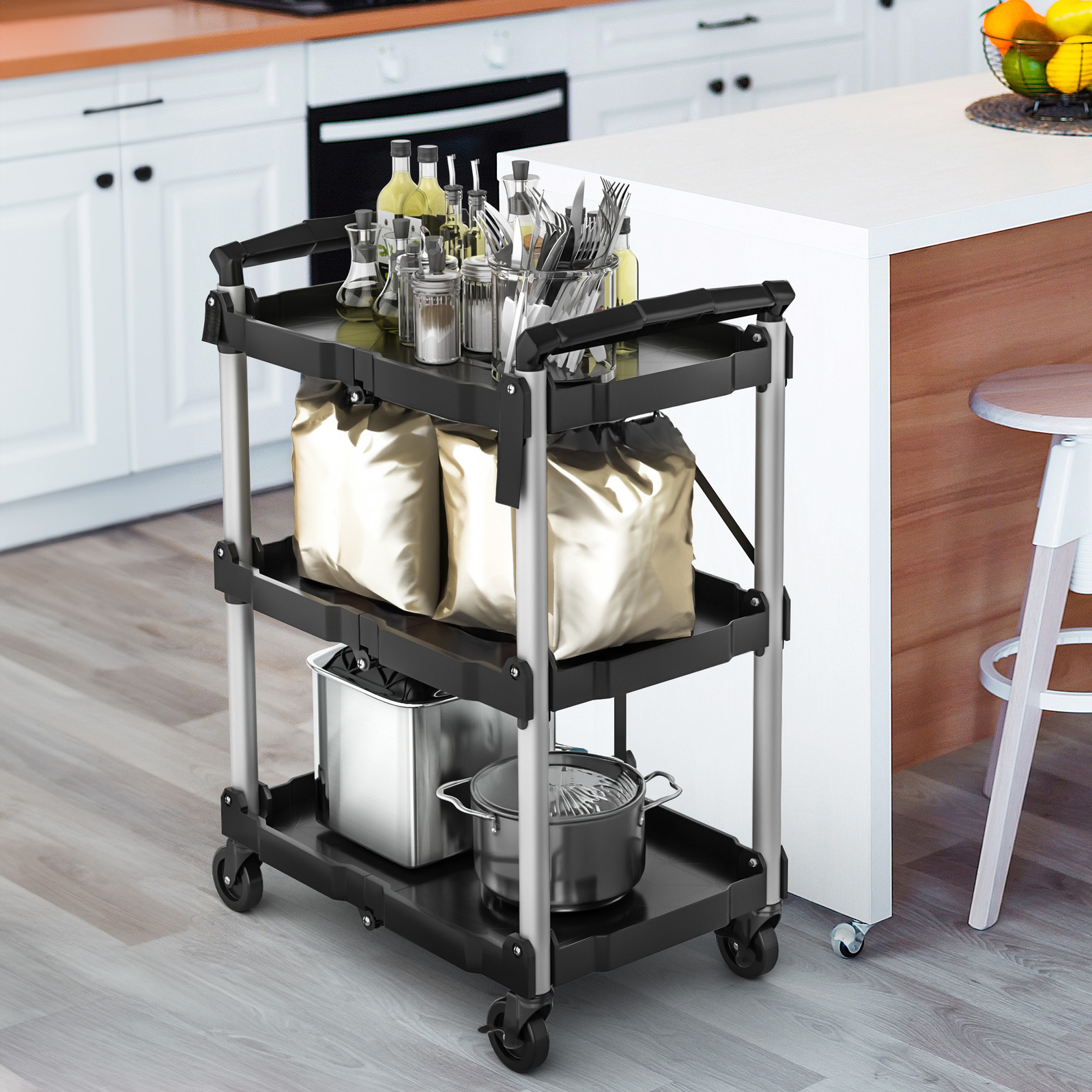 Foldable Utility Service Cart 3 Shelf 240LBS Portable Rolling Collapsible Cart