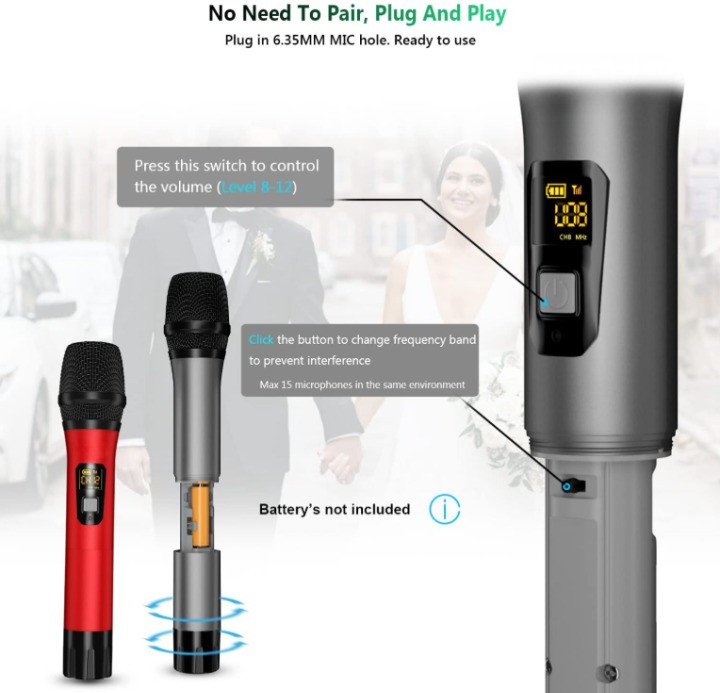 Micrófonos Inalámbricos UHF Duales 50m con Receptor Recargable Karaoke, Nuevo