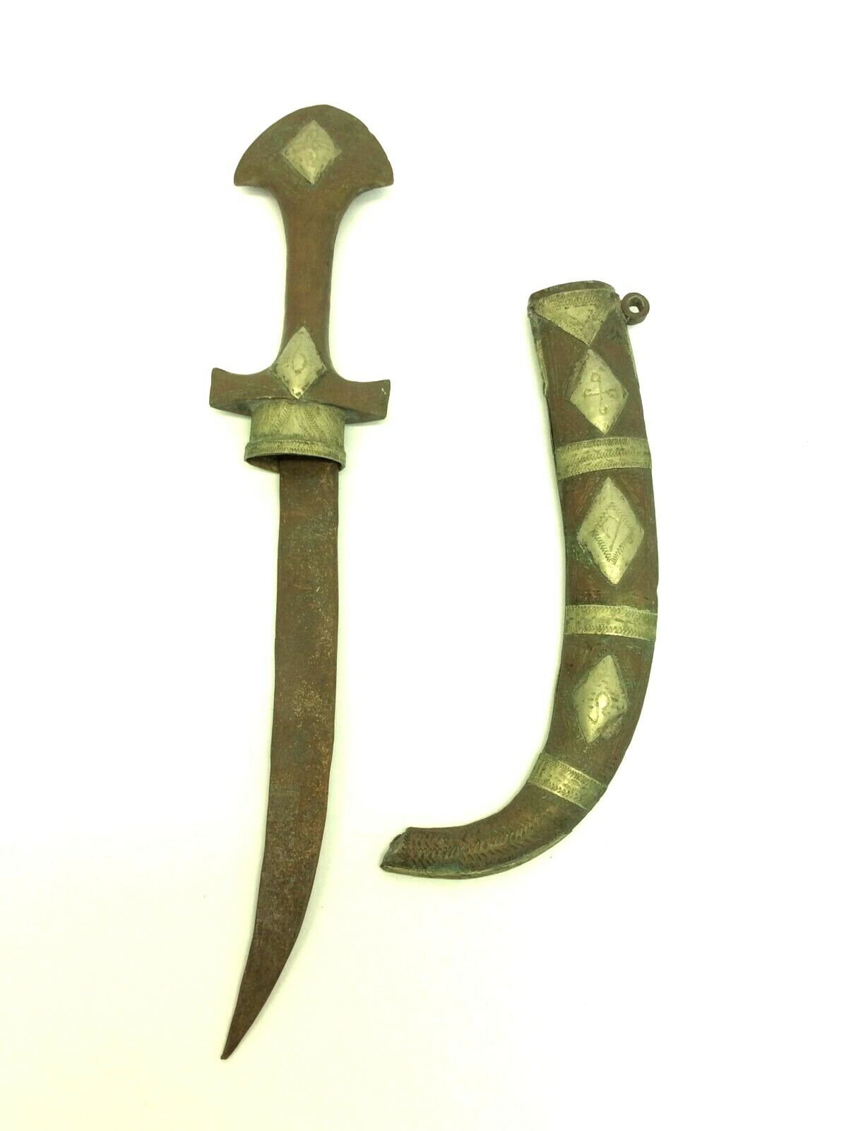 Antique Moroccan Koummya Dagger Brass & Silver Inlay Sheath Curved Blade