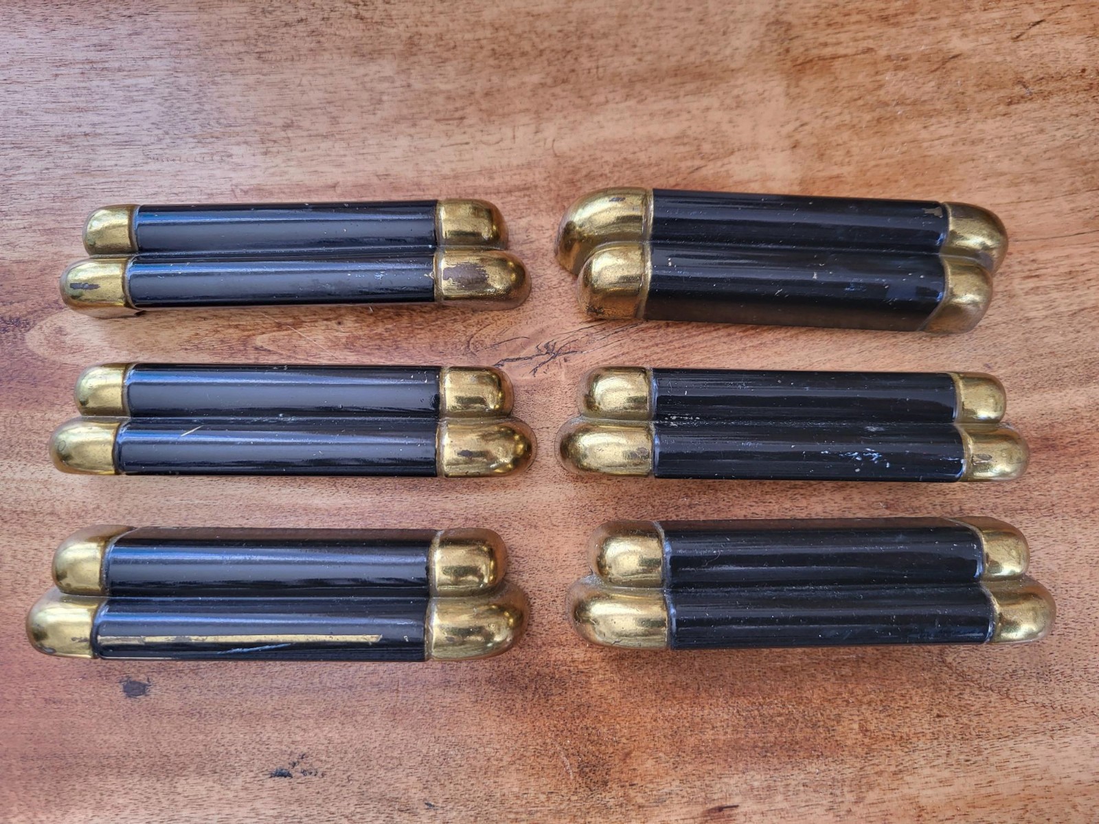 6 vintage art deco style, black & brass dresser handles / pulls