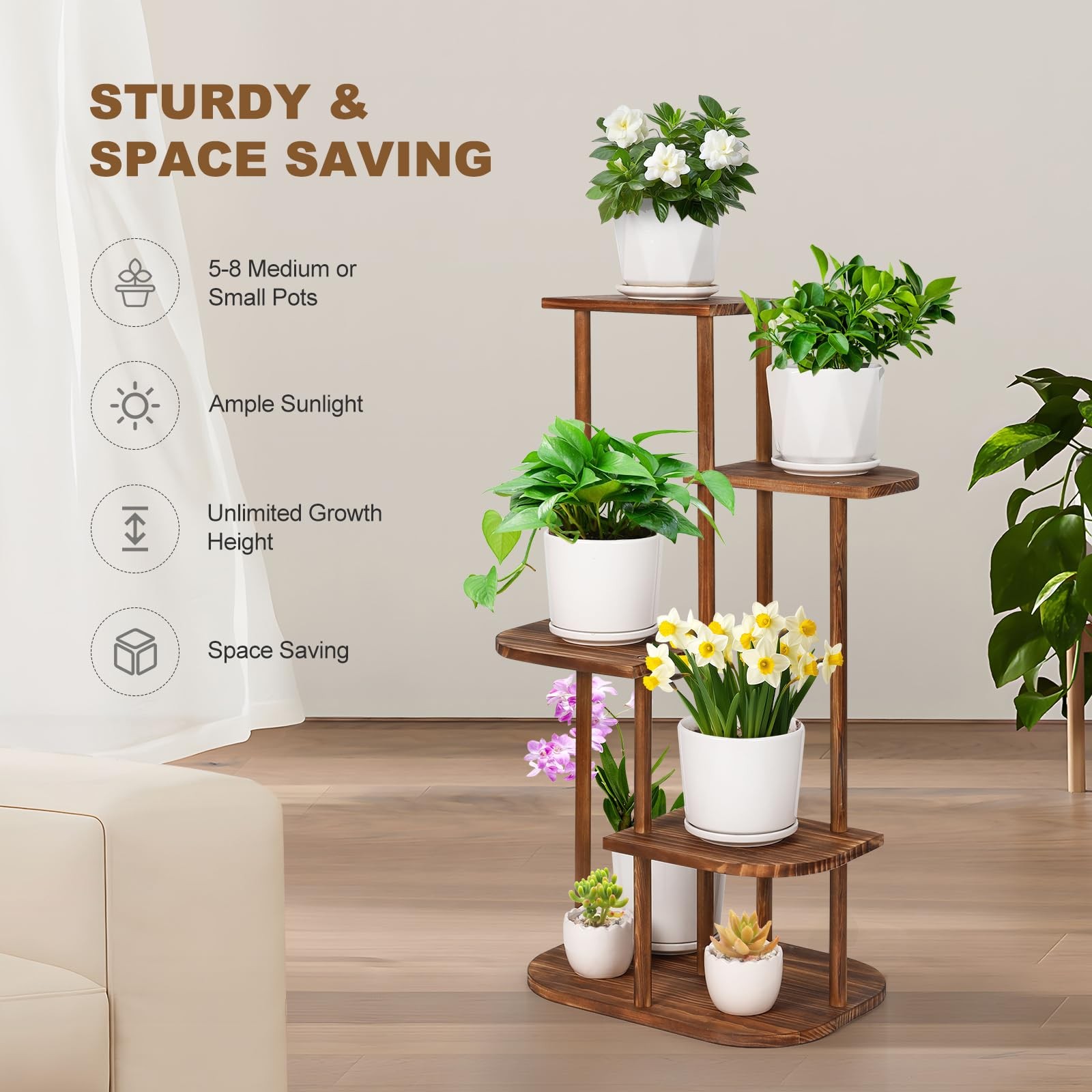 Jotsport 5 Tier Wood Plant Stand for Multiple Plants Indoor Carbonized