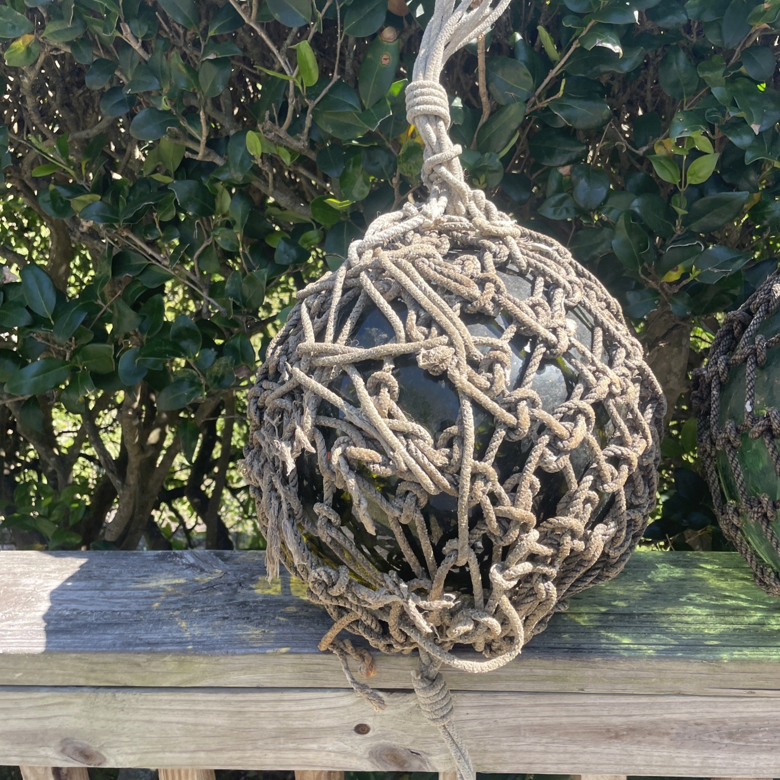 Japanese Large Glass Fishing Float Buoy Ball Net Vintage, Green