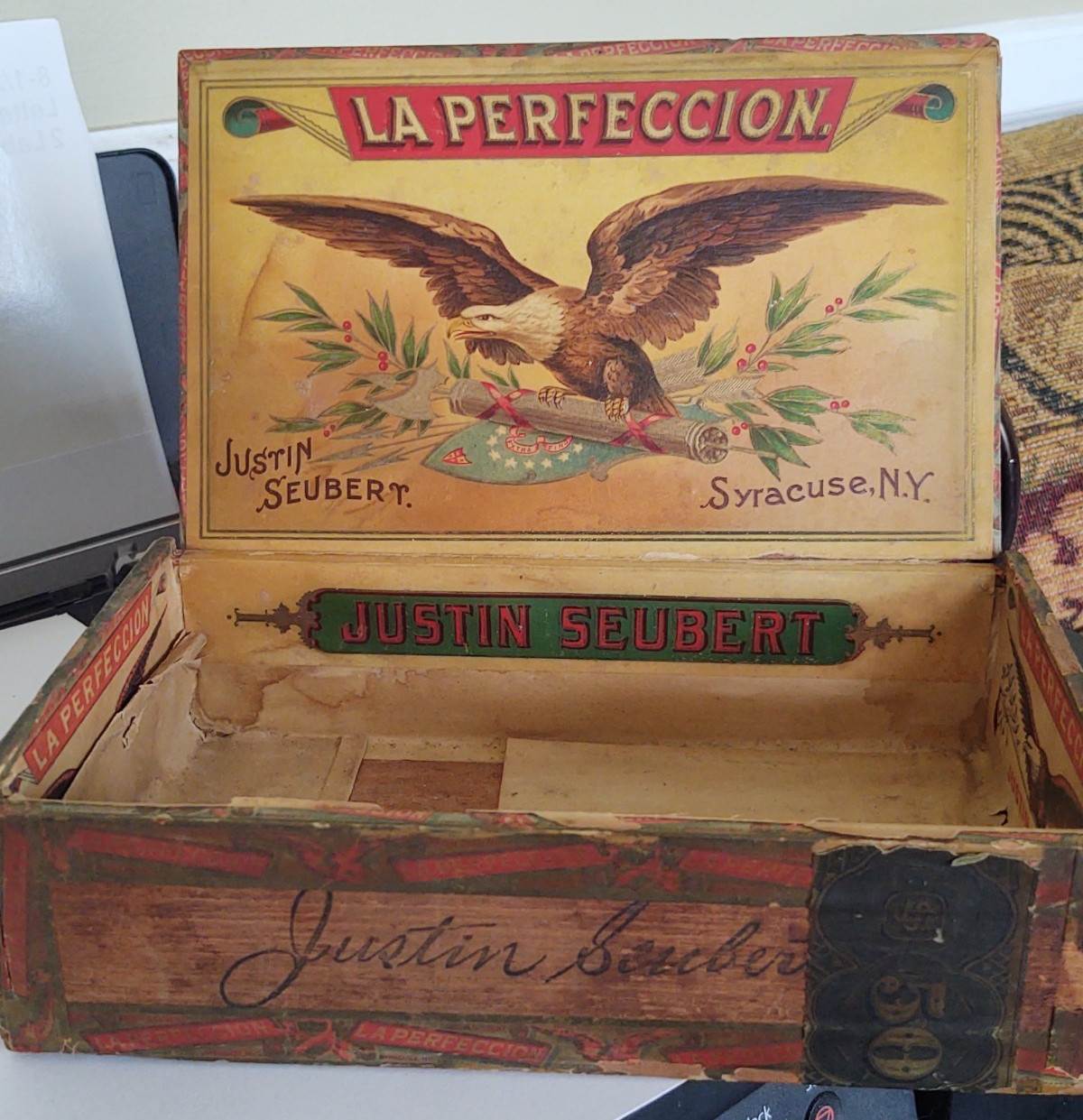 Antique Wood Cigar Box Justin Seubert , American Eagle , Retail label Towanda