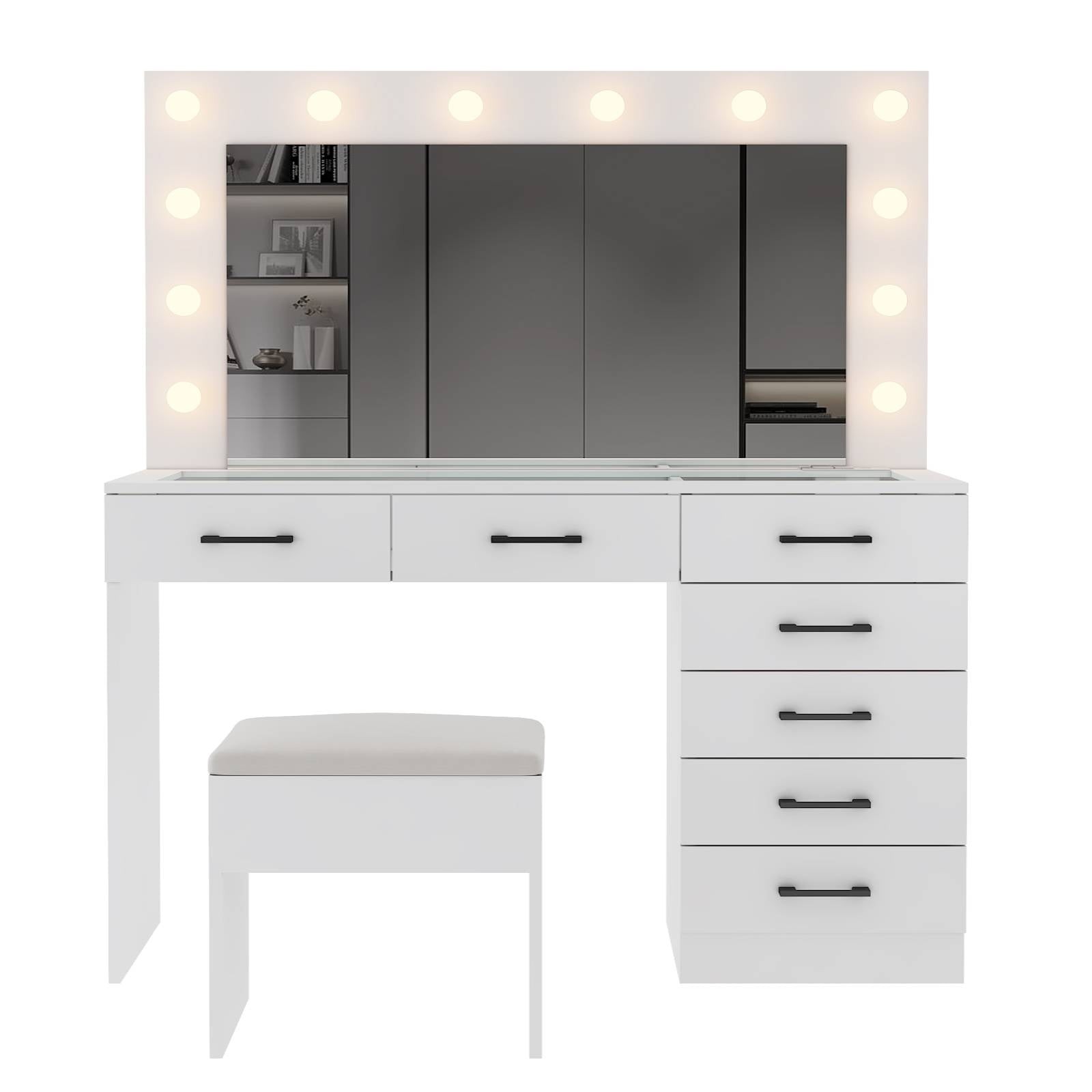 Ktaxon Large Makeup Vanity, Vanity Table Set w/ Visible Glass Top w/ Charging