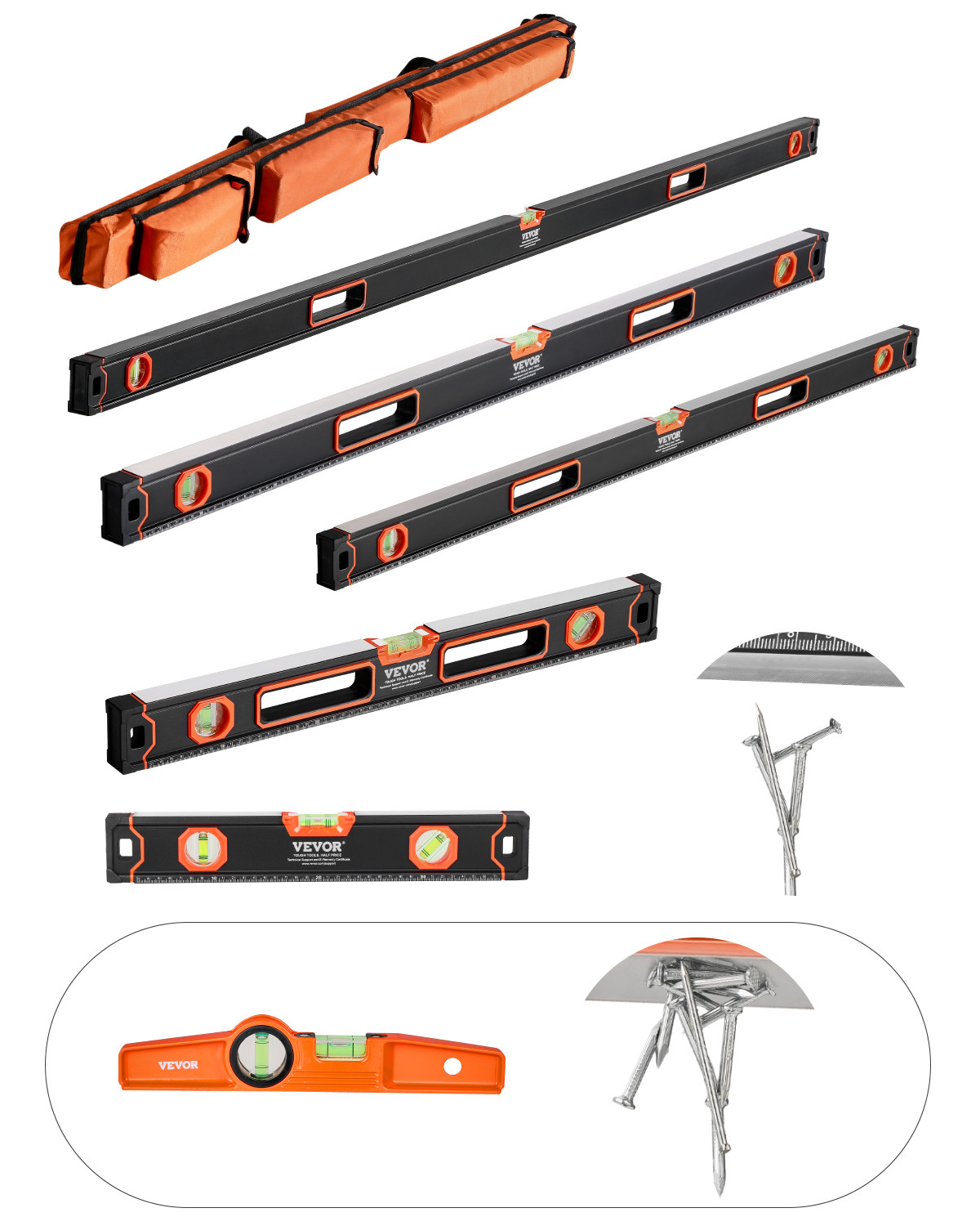 VEVOR 6PCS Torpedo Level 78/48/32/24/16/10" Aluminum Alloy Body w/ Bubble Vials