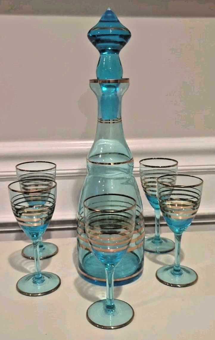MCM Vintage Teal Blue & Gold Romanian Glass Decanter 4 Cordial Glasses 7 pc Set
