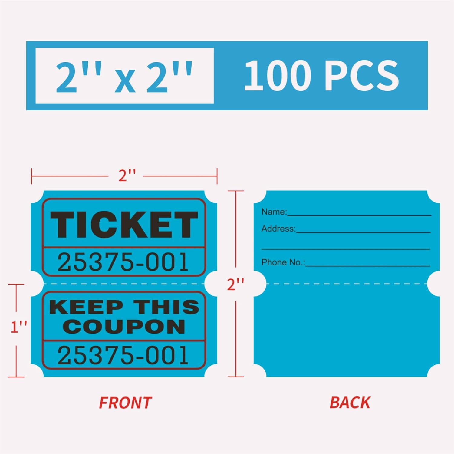100 Raffle Tickets, (200 Pcs 100 Pairs) 50/50 Double Ticket, Bold Numbers for Ea