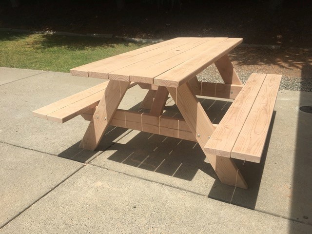 Picnic table made from Douglas Fir wood 6ft with attached benches. Custom made.