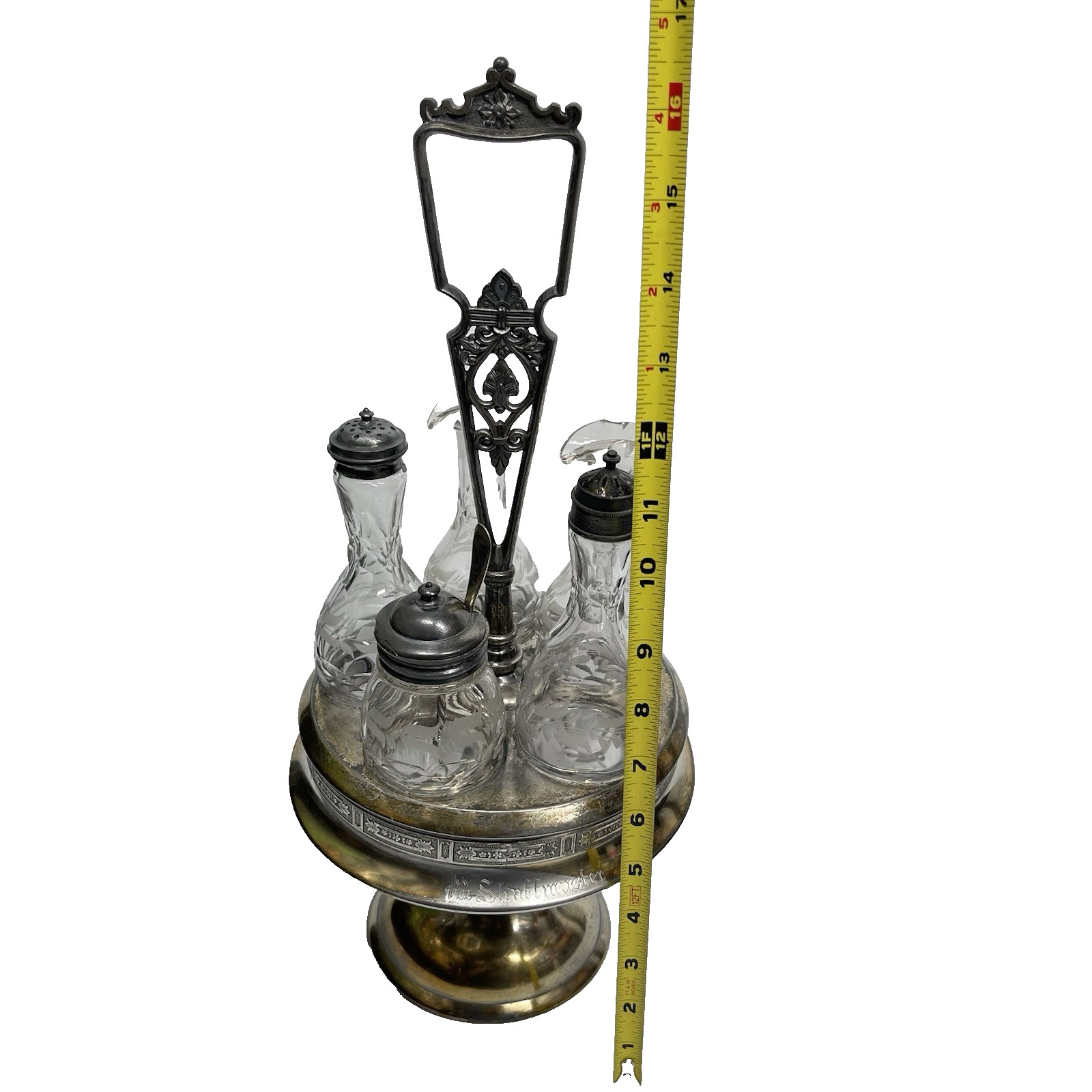 Antique 1800s Hall Elton Cruet Set Condiment Caddy Victorian Era Etched Glass