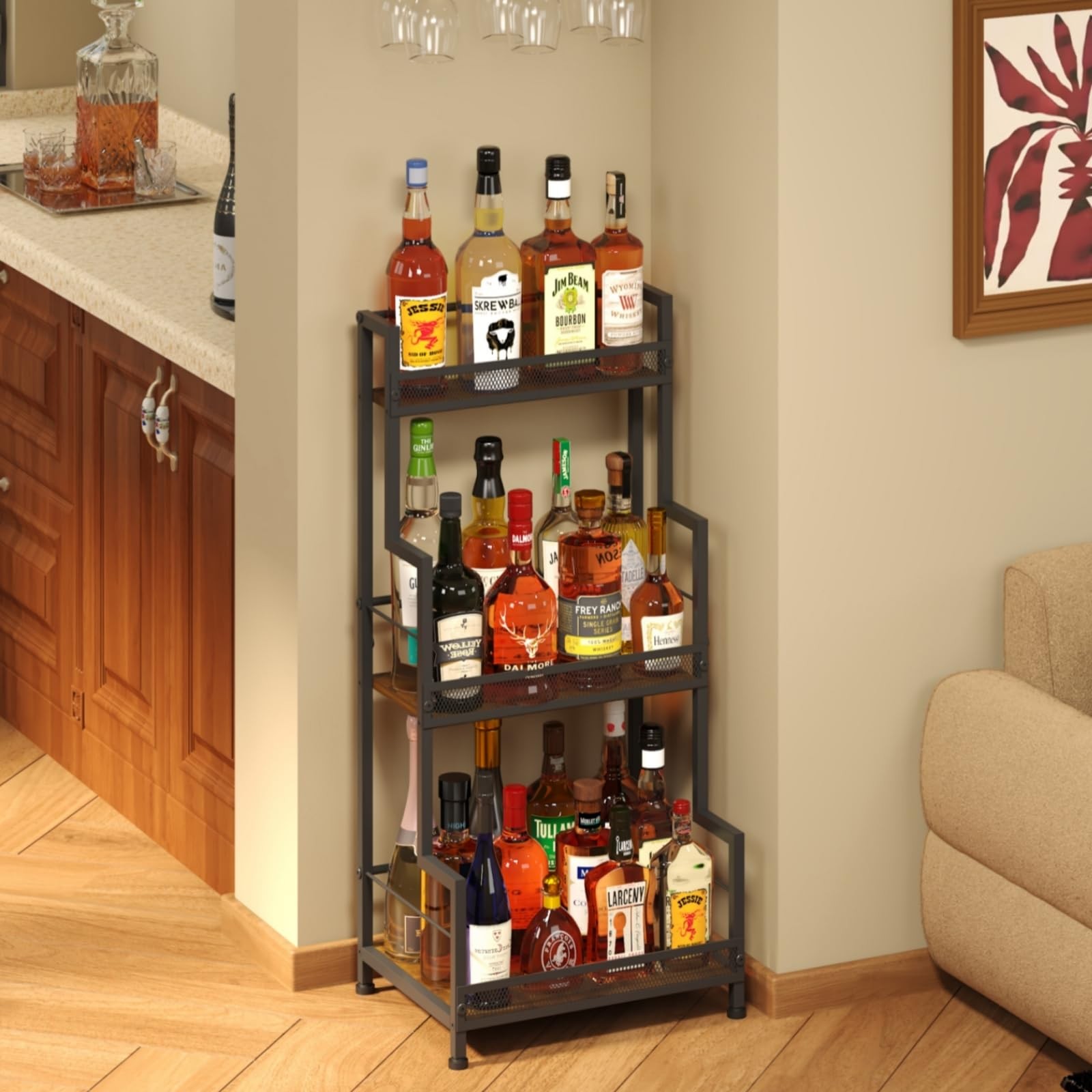 3-Tier Liquor Cabinet Wine Bottle Display Shelf for Home Bar Space Saving