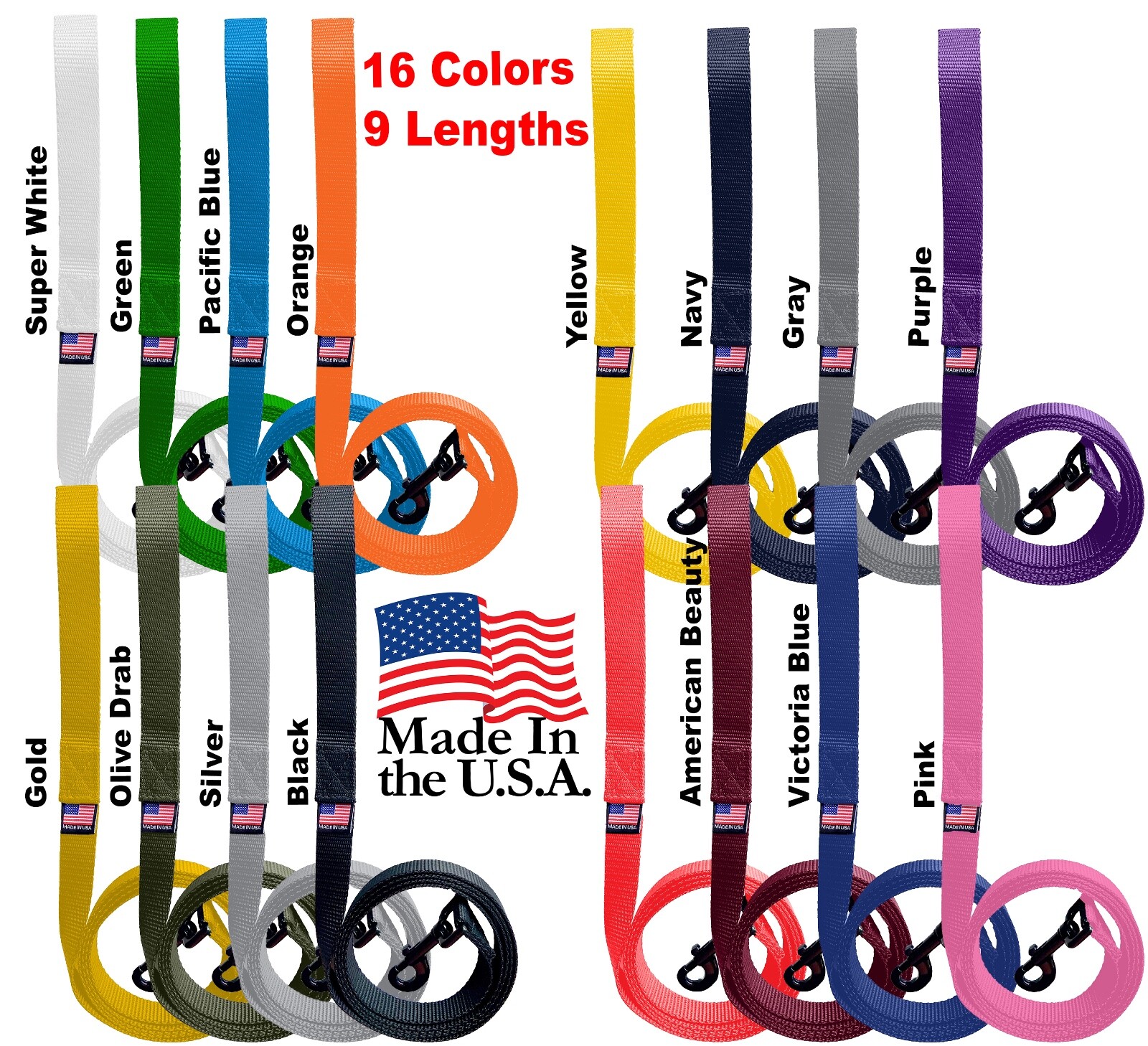 Dog Leash Short Long Lead Obedience Training 1" Many Colors/Lengths MADE IN USA