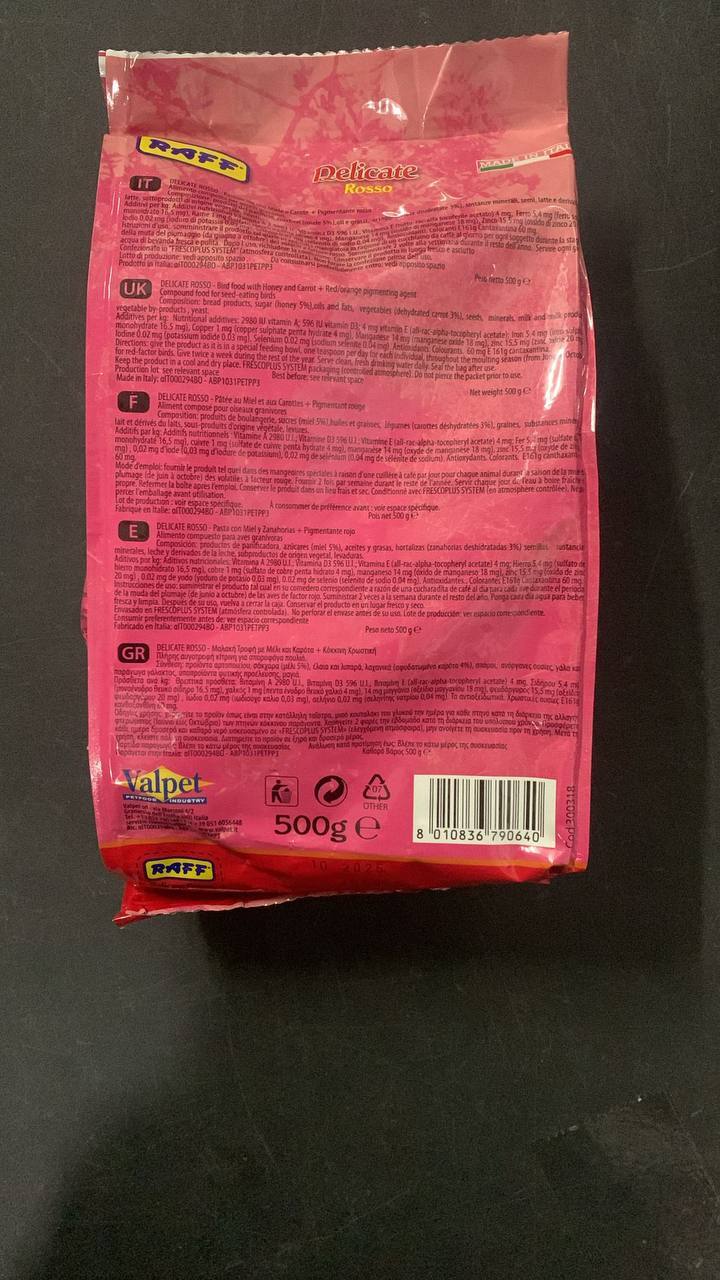 Raff Delicate Rosso Bird Feed, 500g - Vibrant Health Formula