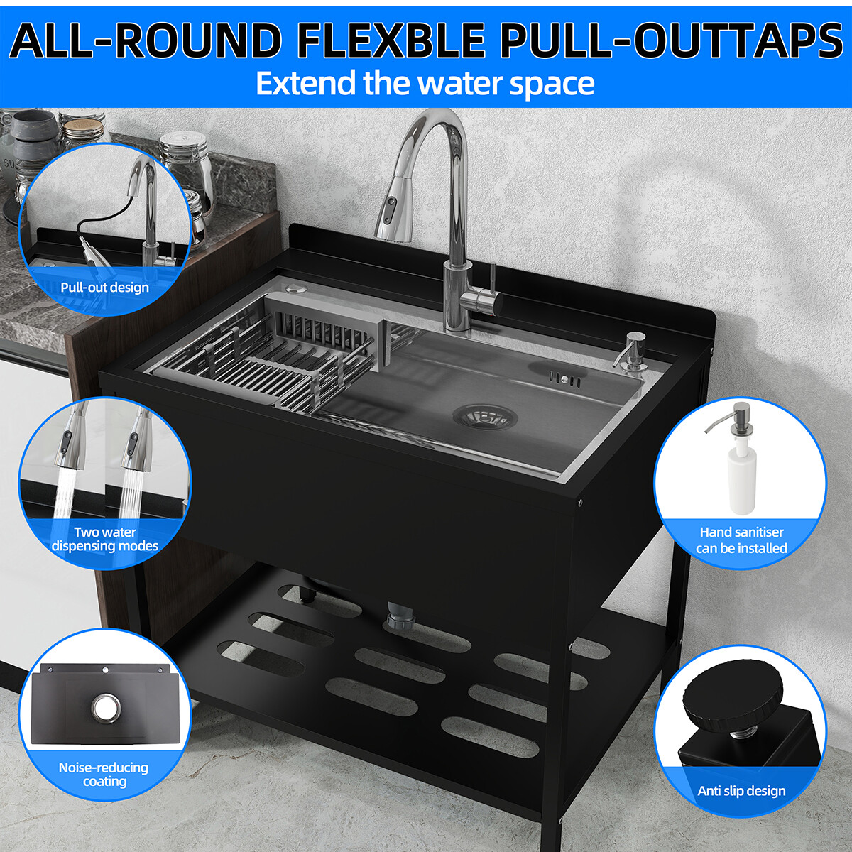 Stainless Steel Kitchen Sink Single Bowl w/ Faucet Shelf Bathroom Utility Sinks