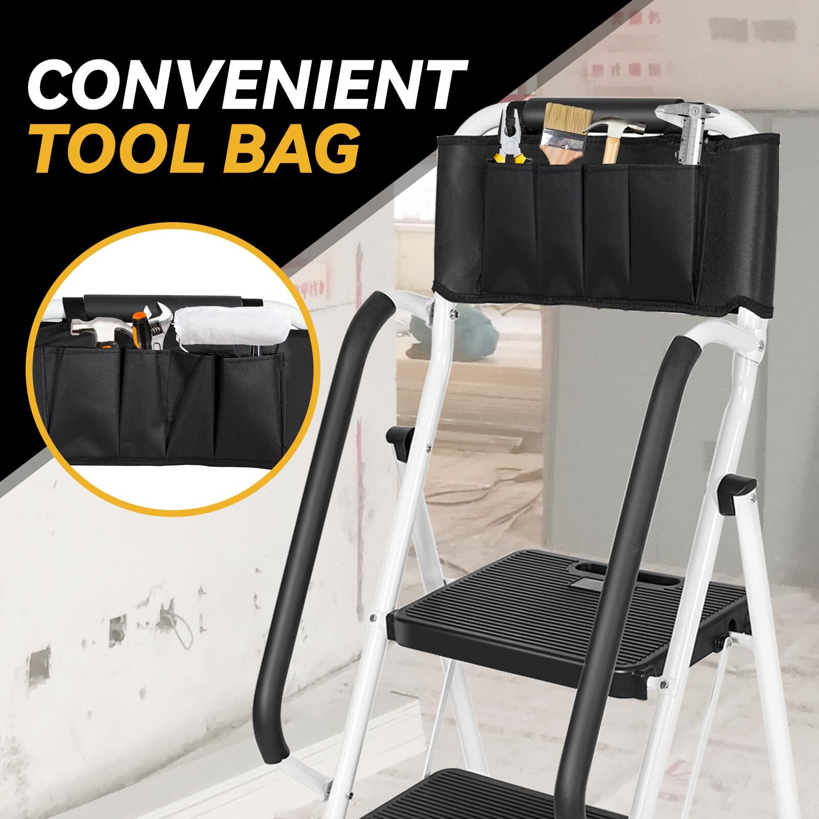 3 Step Non-Slip Stool Ladder with Handrails 500 lbs folding Attachable Tool Bag