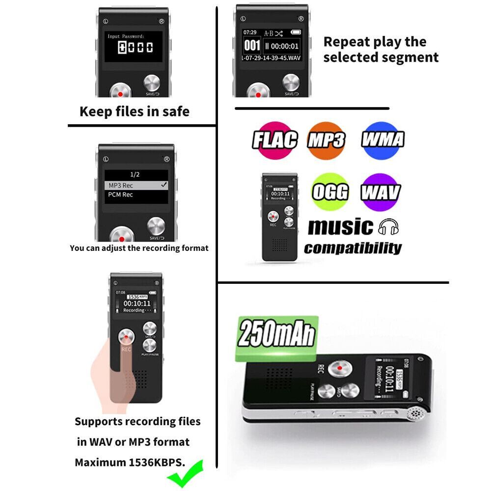 Lecture Digital Voice Recorder Dictaphone Audio MP3 Sound Mini Spy Recorder Mic