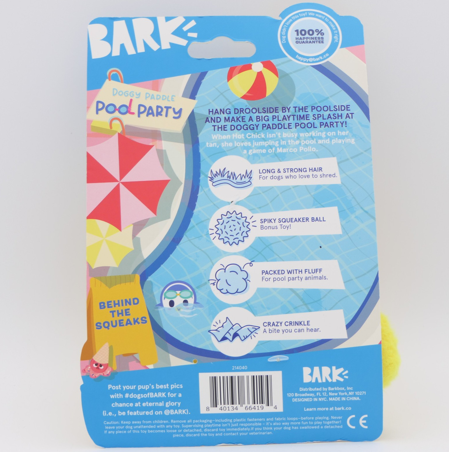 BARK Doggy Paddle Pool Party Hot Chick Dog Toy XS-S w/Spiky Squeaker Ball Inside