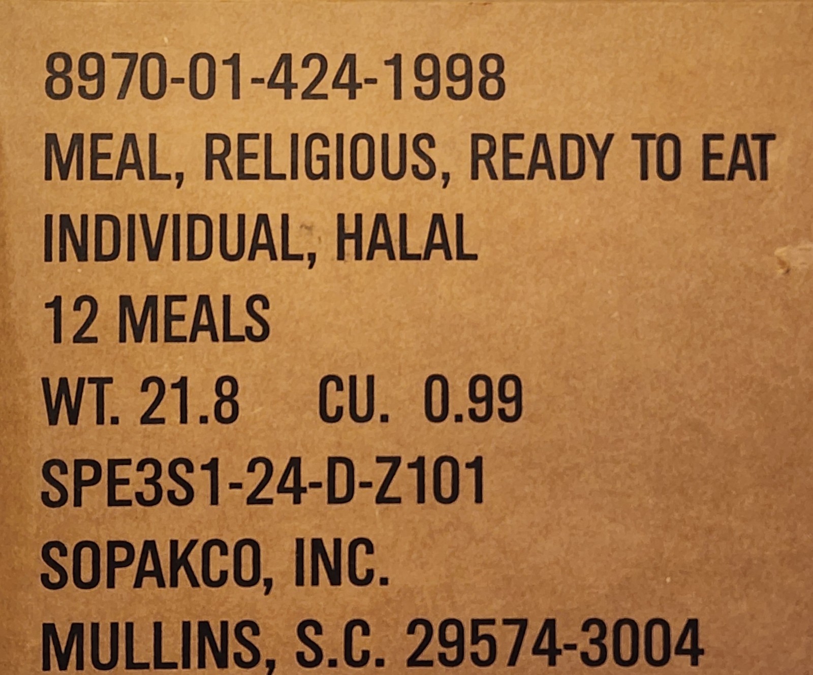 New USGI Military HALAL MRE Case Ready to Eat Meals Inspection 2028