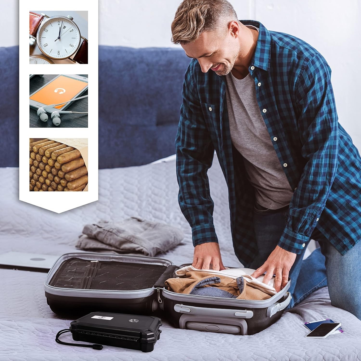 Cigar Travel Case Leather Portable Humidor Holder for 4 Cigars Black Zip