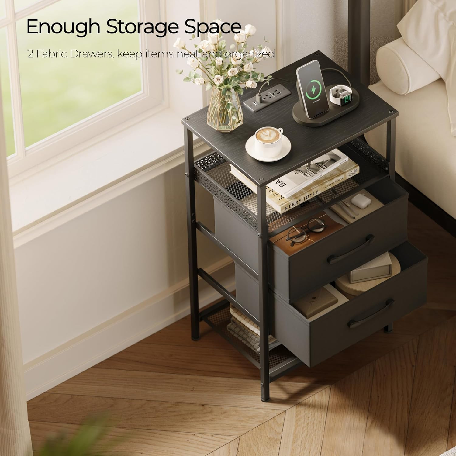 Nightstand Set of 2 with Charging Station, Night Stands with LED Lights, 26.4 In