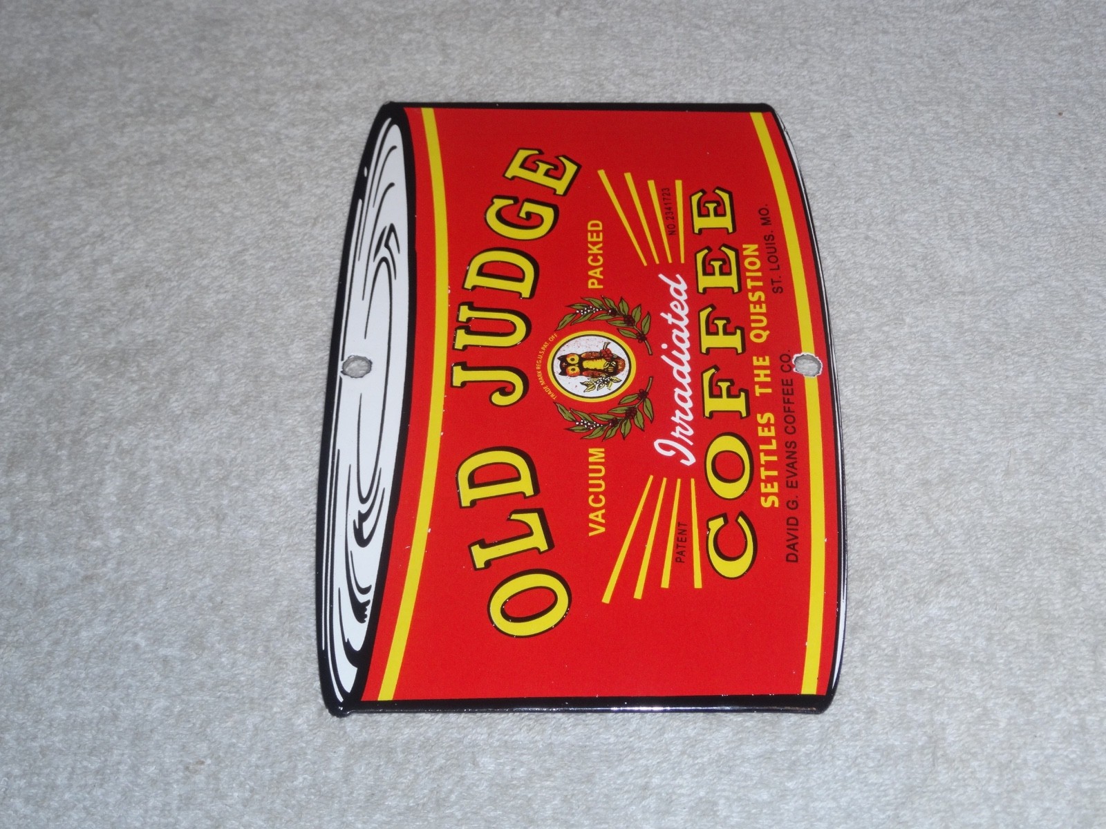 VINTAGE OLD JUDGE COFFEE CAN +OWL 7 3/4" PORCELAIN METAL SODA, GASOLINE OIL SIGN