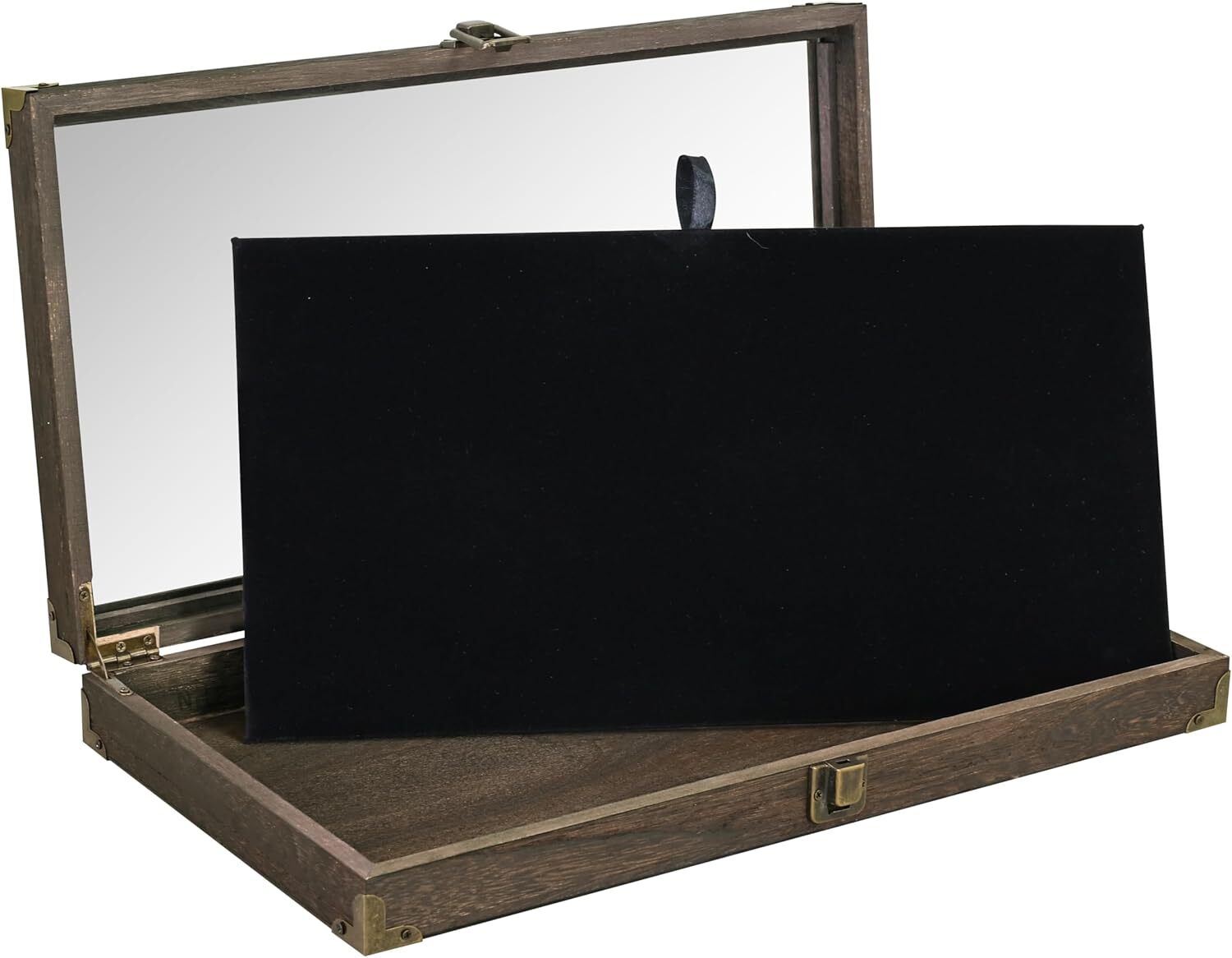 Wooden knife display case, tempered glass, black velvet mat, metal hinges, brown