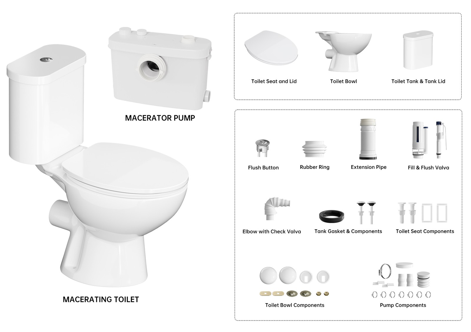 500W Upflush Macerating Toilet System with Pump & 4 Inlets for Basement White